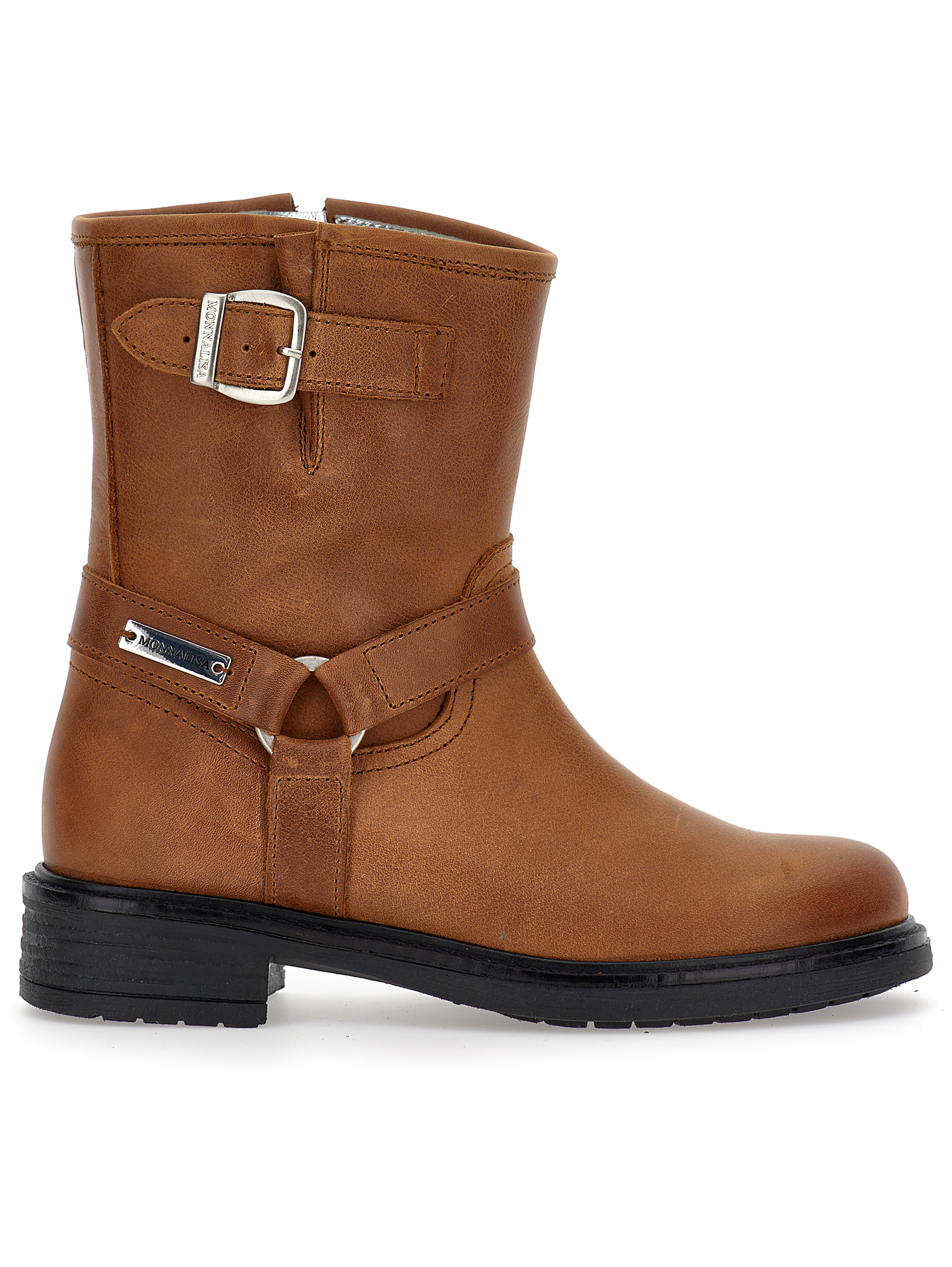 Monnalisa Leather Boots With Buckles In Caramel