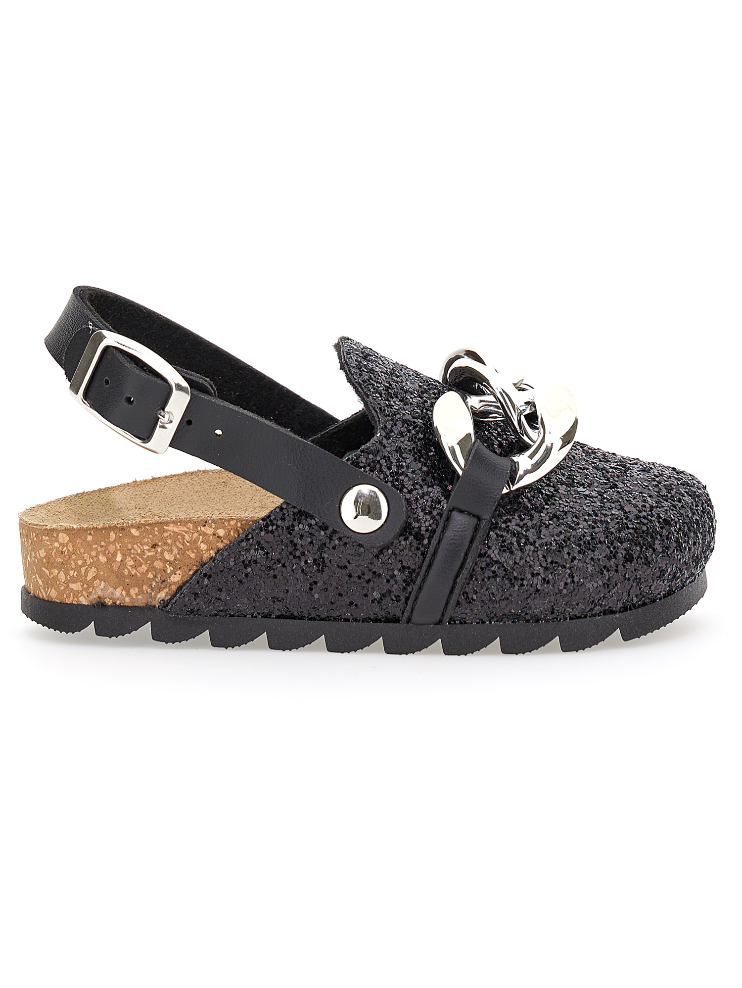 Monnalisa Glitter Sandals With Chain In Glitter Black