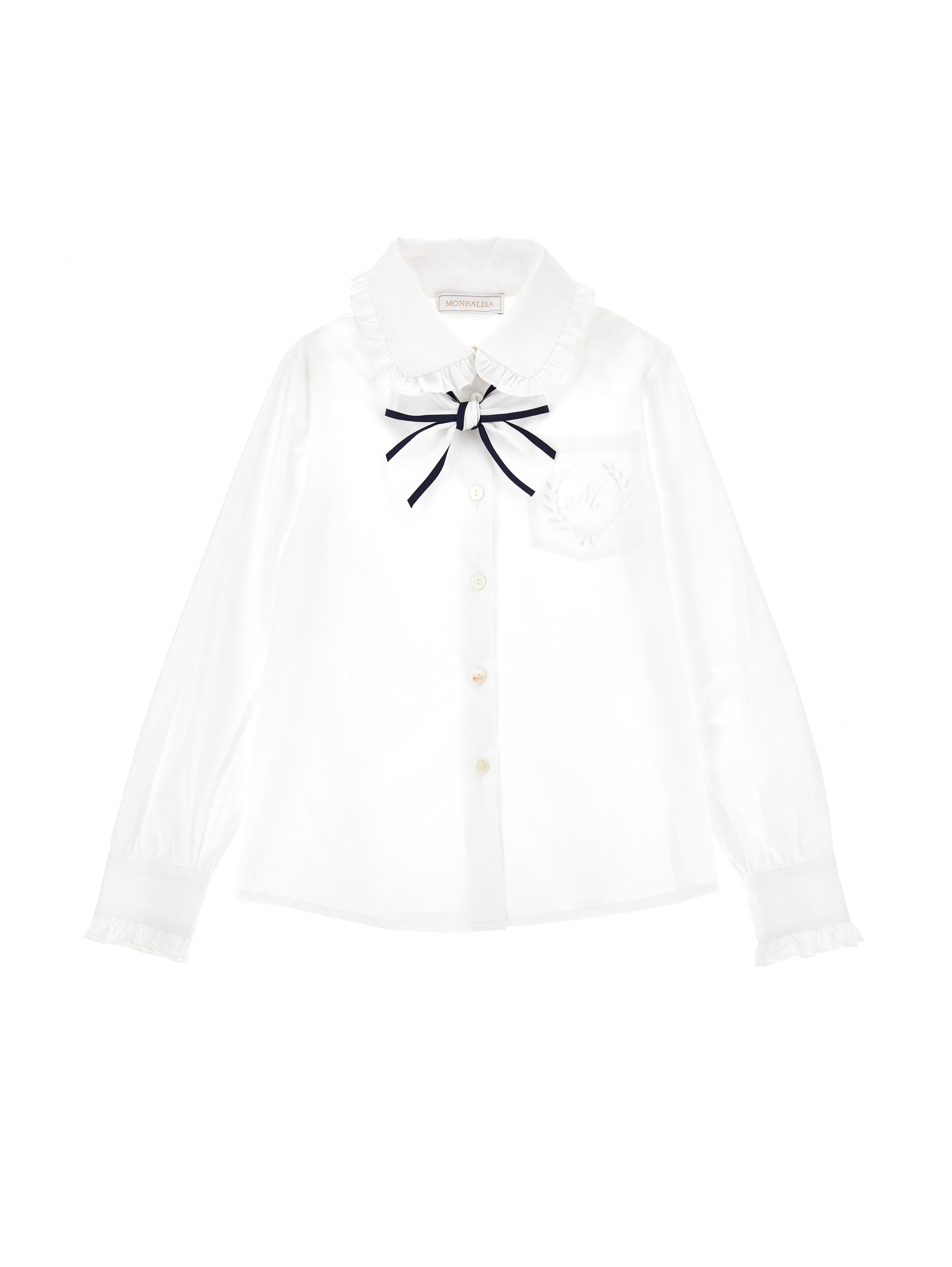 Monnalisa Kids'   Stretch Shirt With Bow In White + Blue