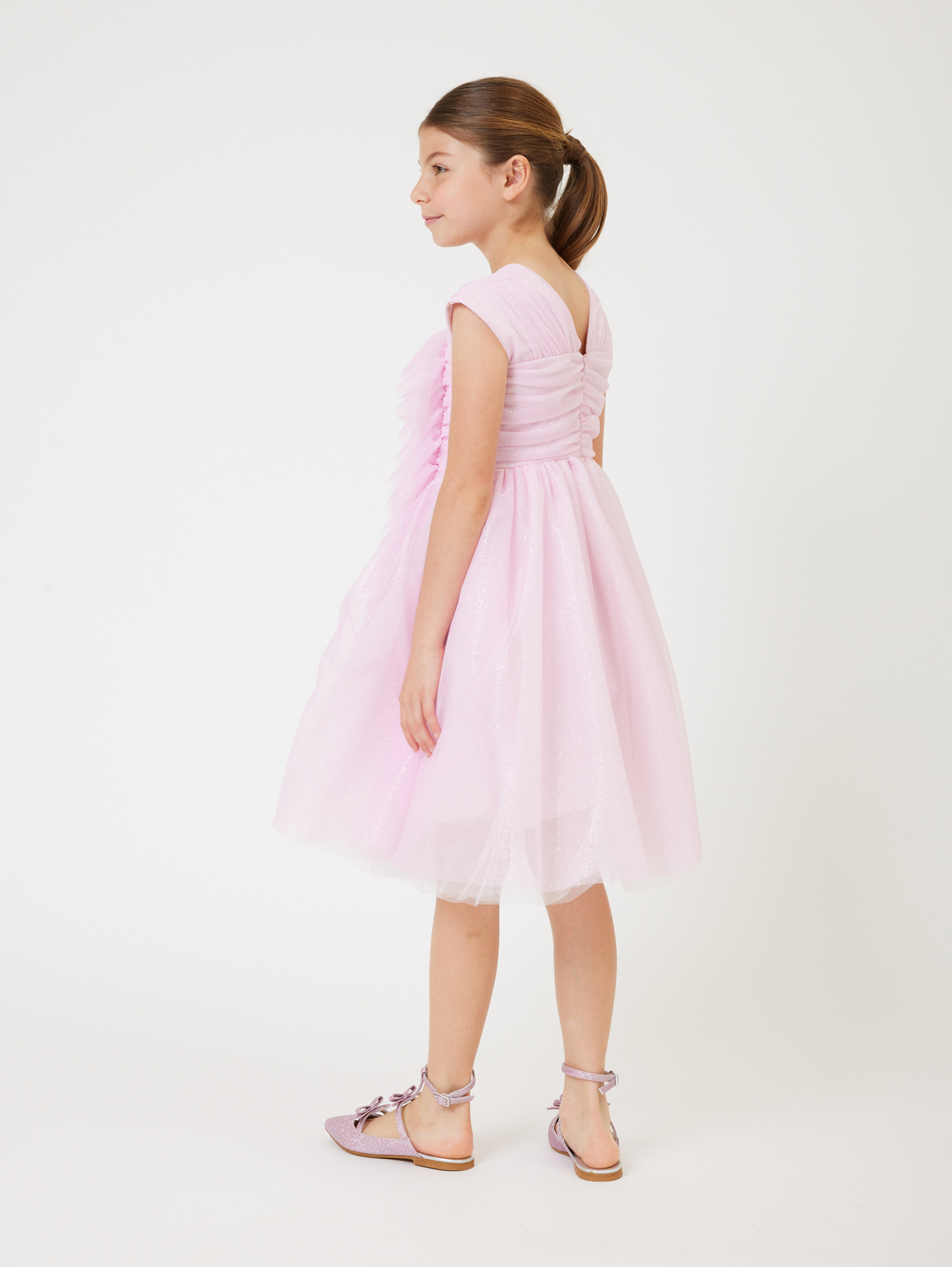 Monnalisa Glitter Tulle Dress In Pink + Silver