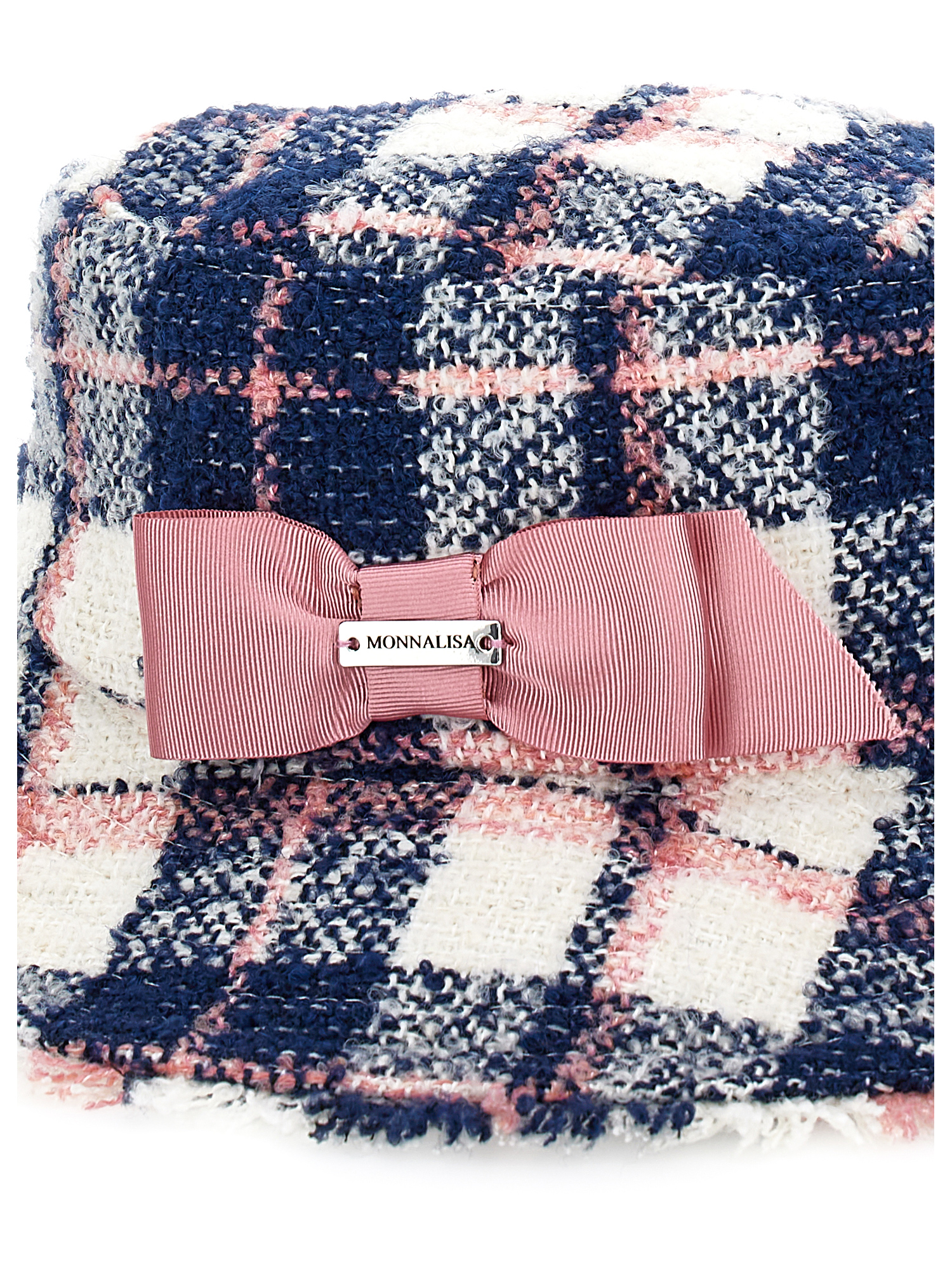 Monnalisa Tartan Hat With Small Brim In Navy Blue + Cyclamen