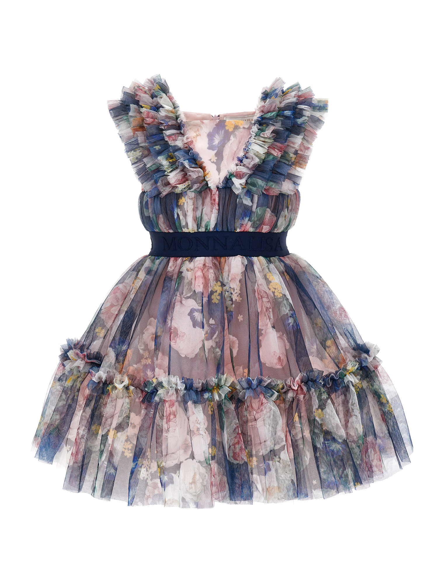 Monnalisa Baroque Rose Birthday Dress In Blue + Multicolor