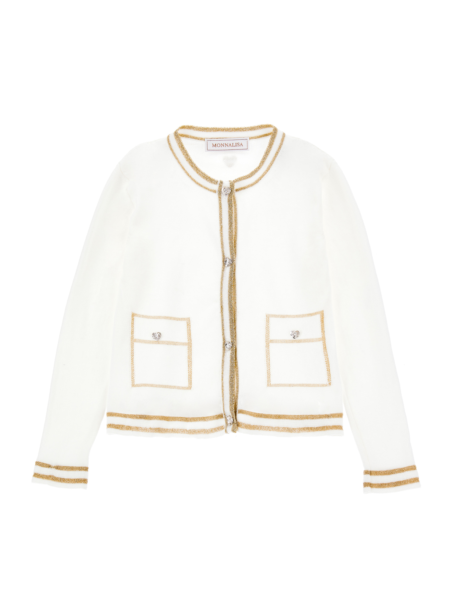 Monnalisa Lurex Knit Jacket In Bianco + Gold