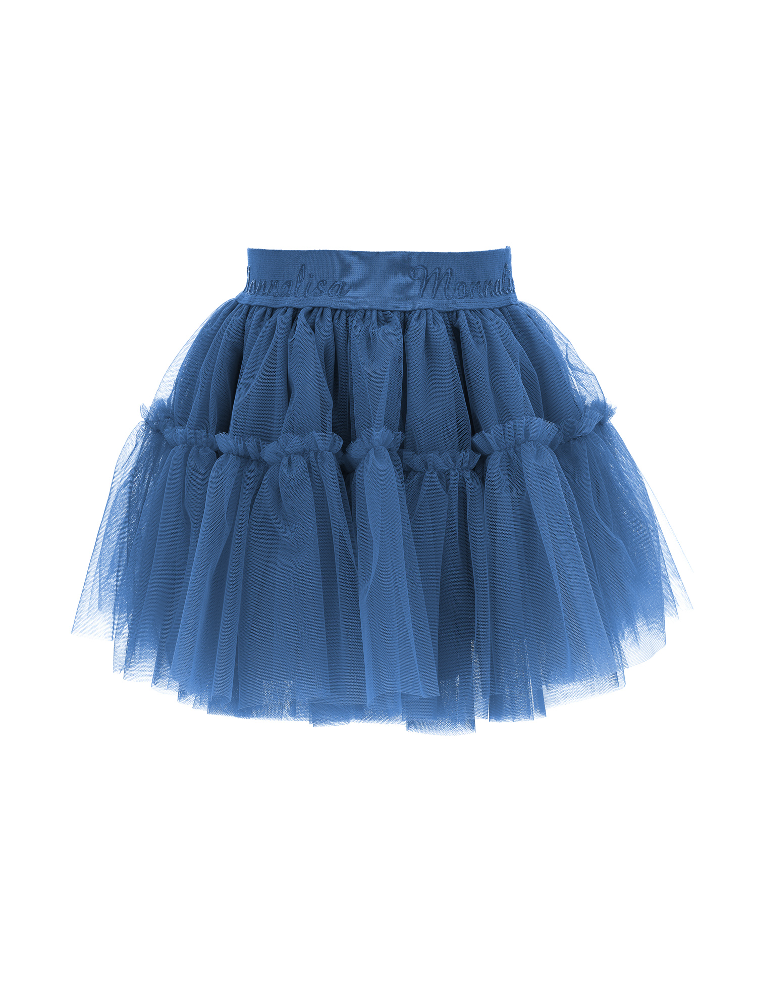 Monnalisa Tulle Skirt With Logoed Elastic In Steel Blue
