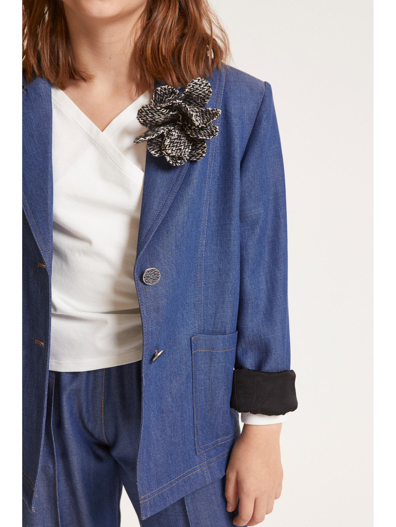 Monnalisa Denim Jacket With Flower Applique In Blue