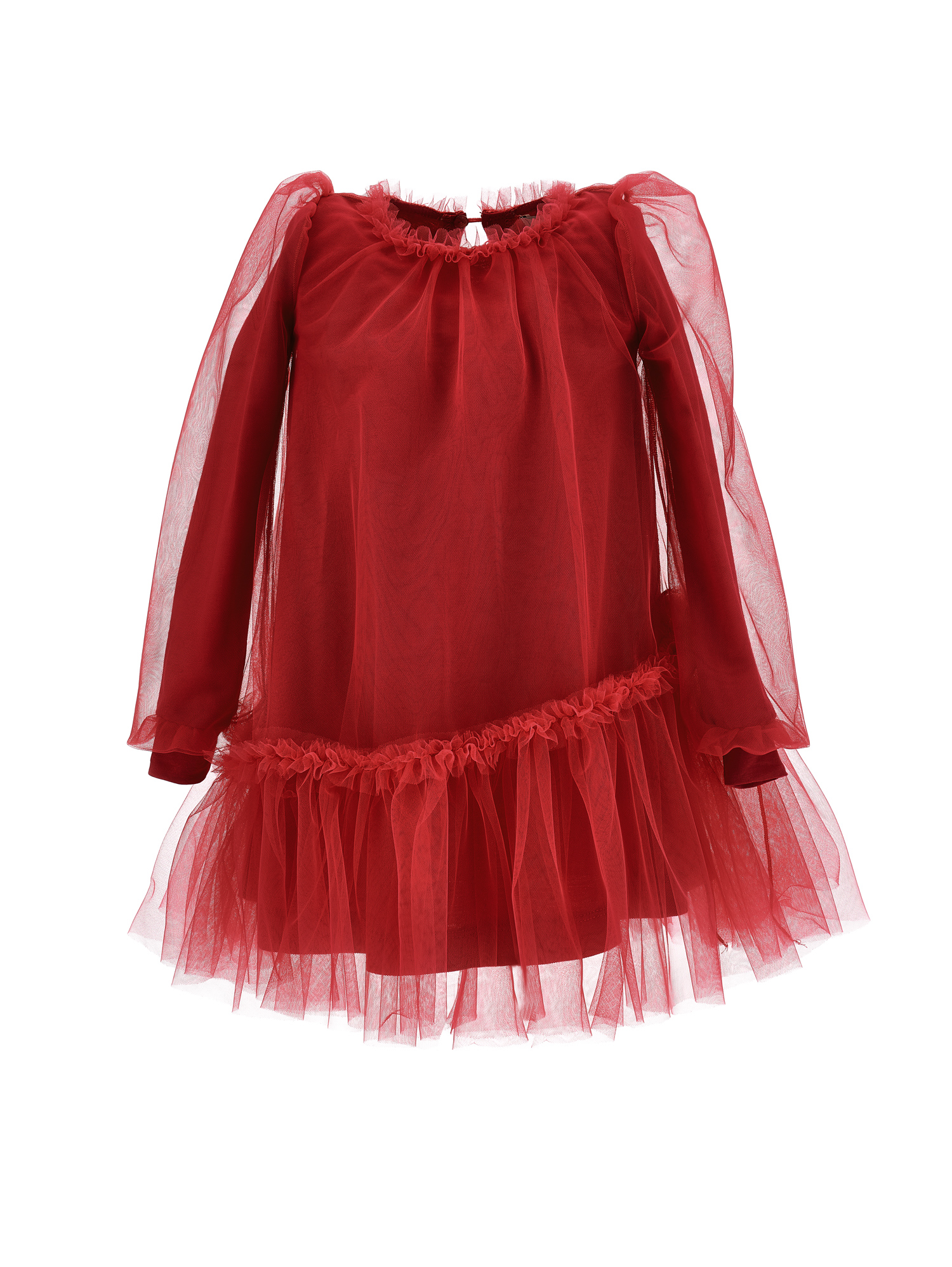 Monnalisa Tulle Dress With Blouse Sleeves In Ruby Red