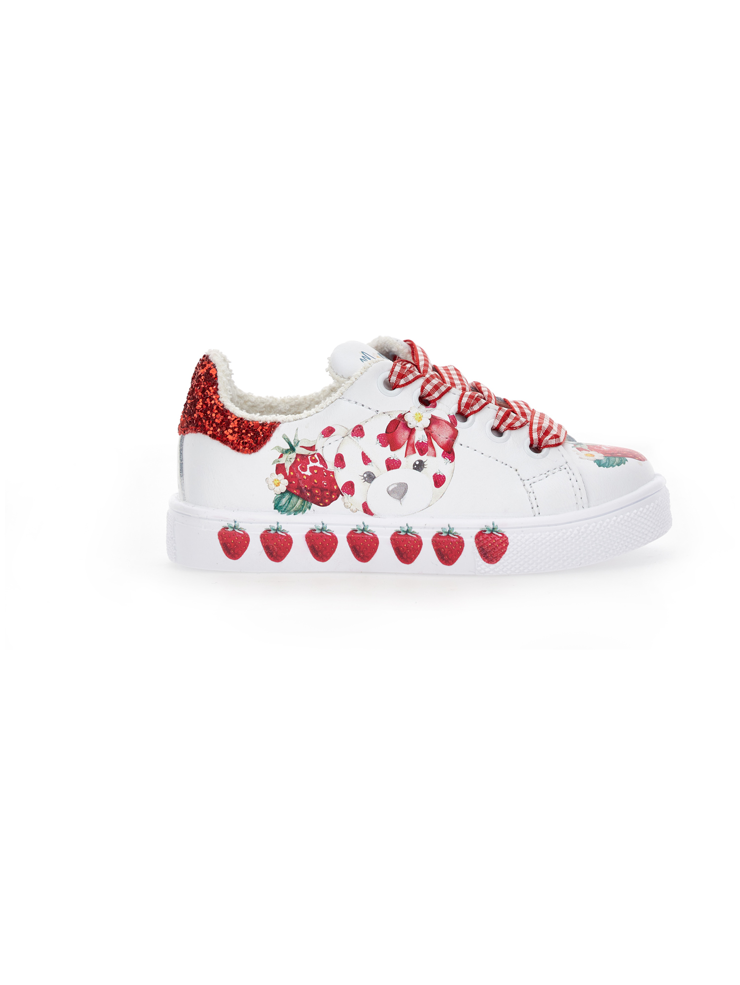 Monnalisa Strawberry Print Sneakers In White + Red