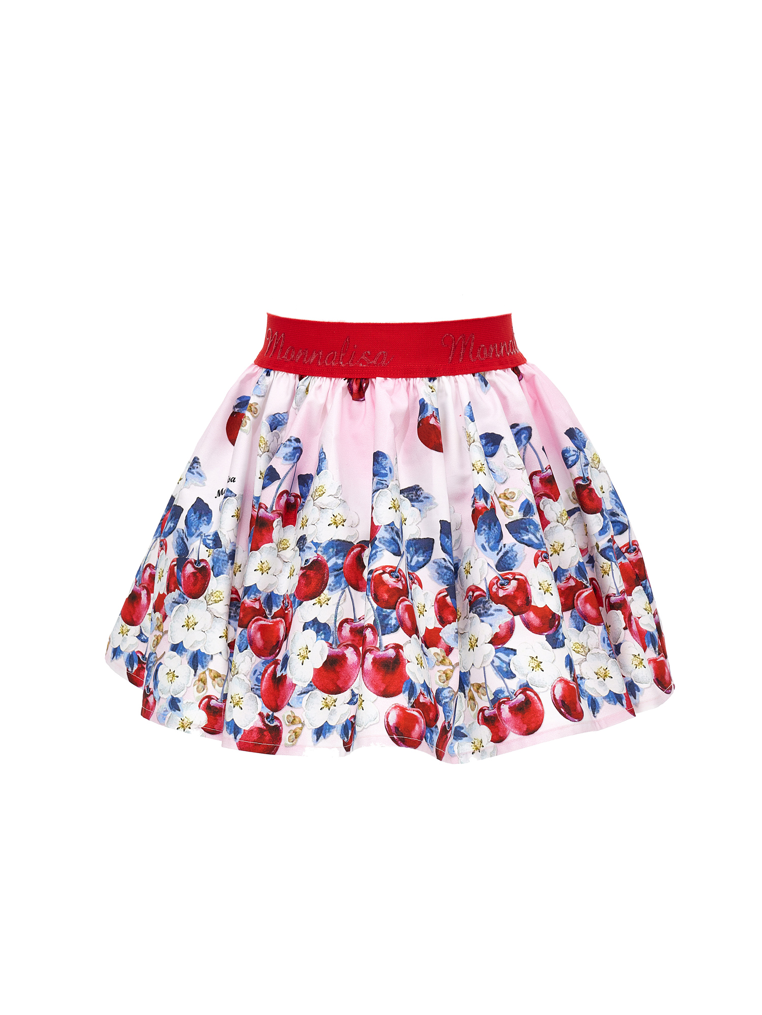 Monnalisa Cherry Print Cotton Skirt In Rosa Fairy Tale