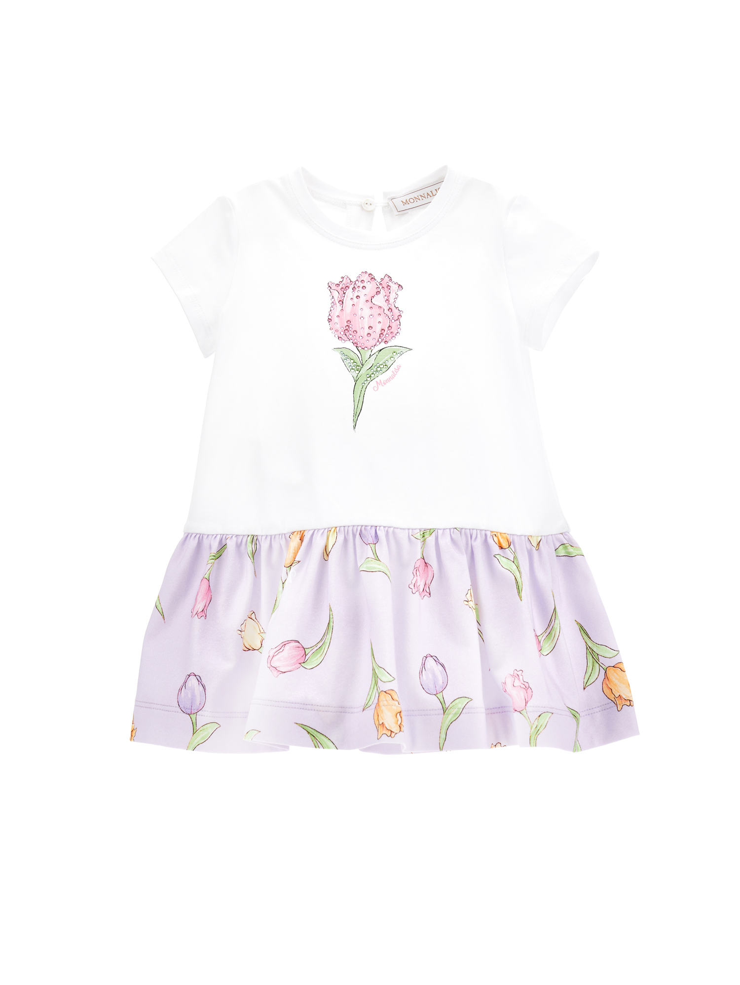Monnalisa Babies'   Two-tone Cotton Dress With Tulip Print In White
