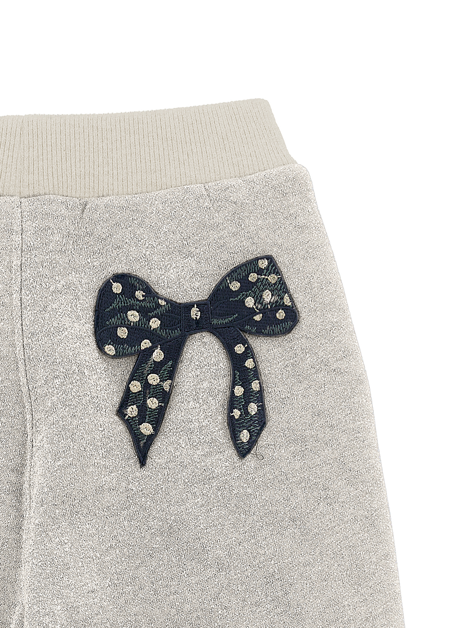 Monnalisa Glitter Fleece Joggers With Bow In Ecru + Silver