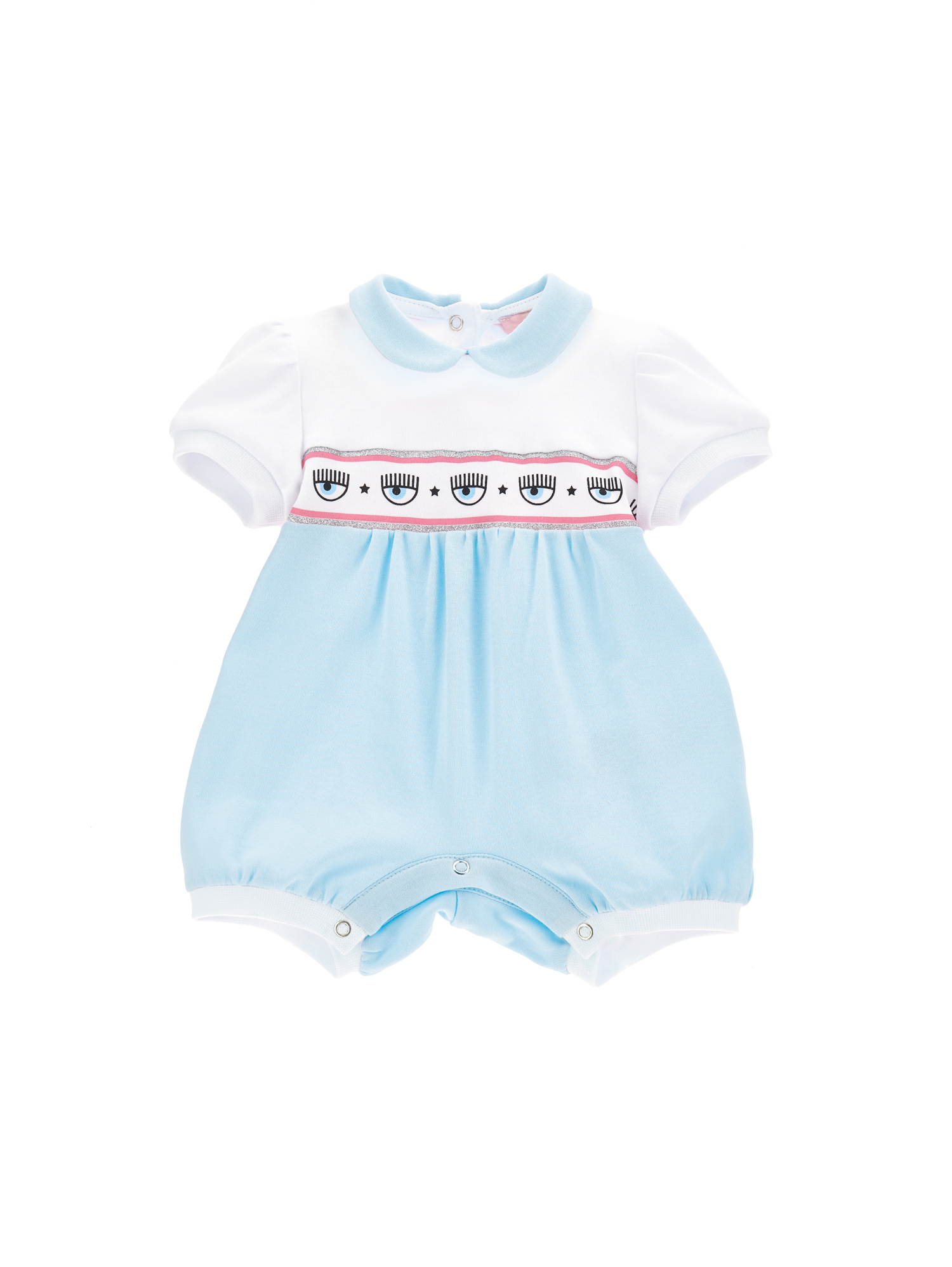 Chiara Ferragni Babies'   Maxilogomania Two-tone Cotton Romper In White + Coridalis Blue