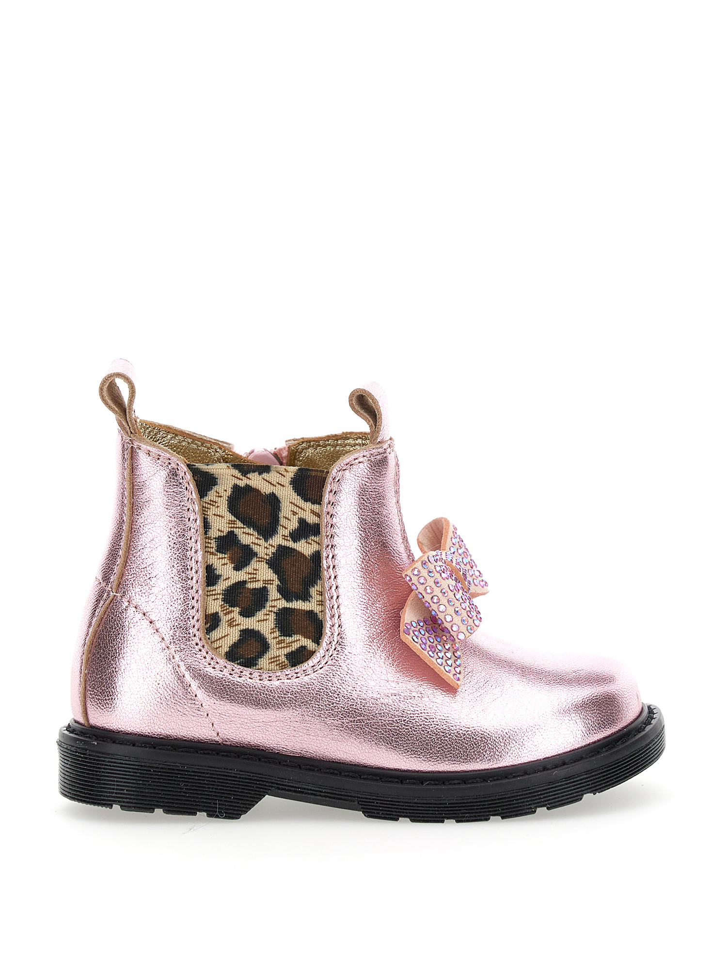 Monnalisa Laminated Nappa Ankle Boots With Bow In Light Pink