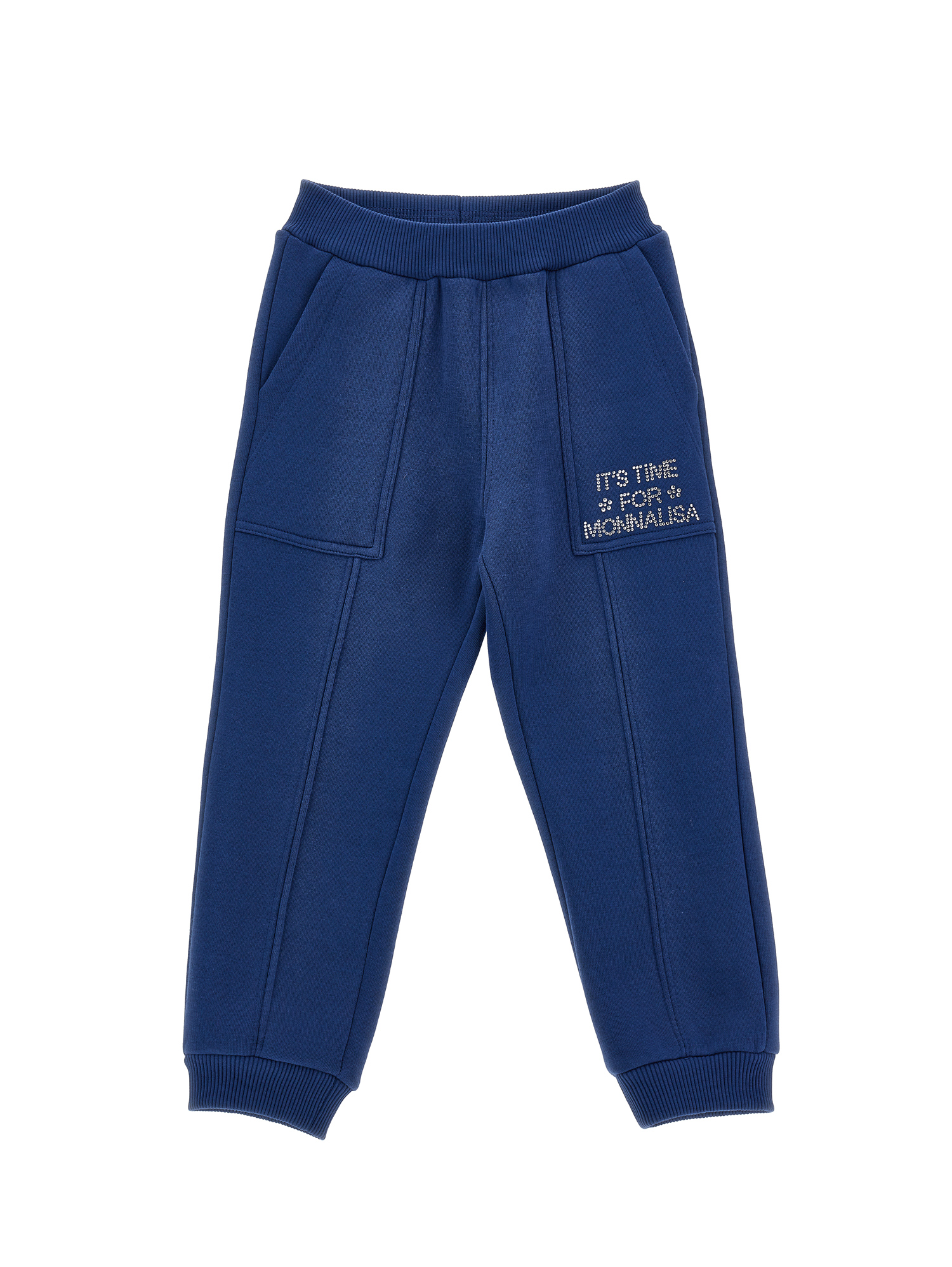 Monnalisa Heavyweight Fleece Joggers With Rhinestones In Navy Blue
