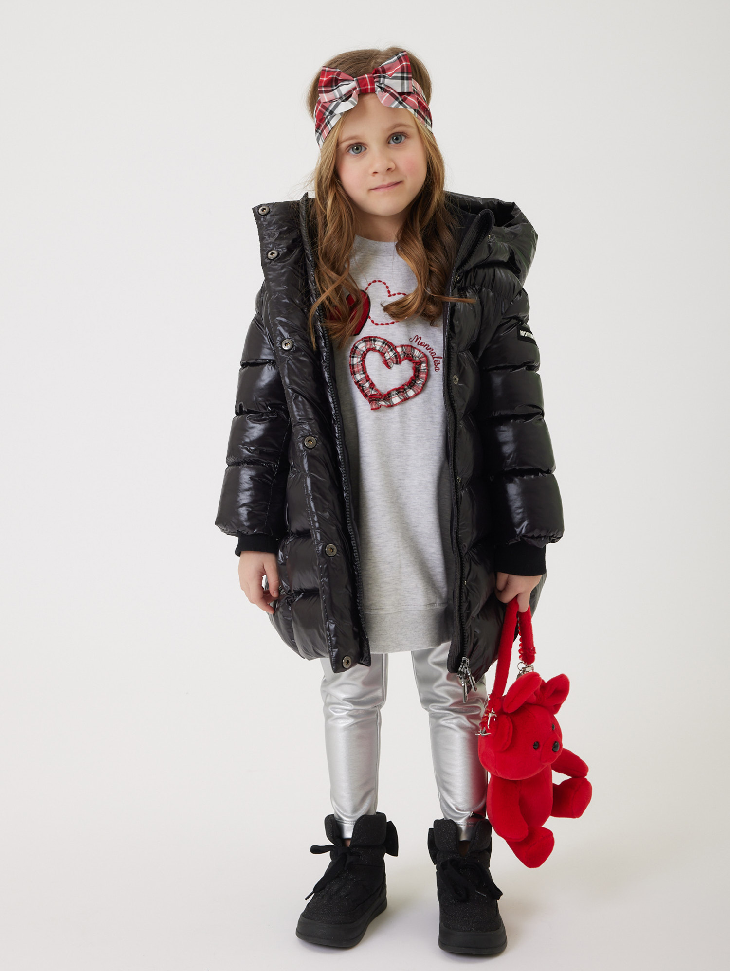 Monnalisa Padded Coat With Ribbon Belt In Black