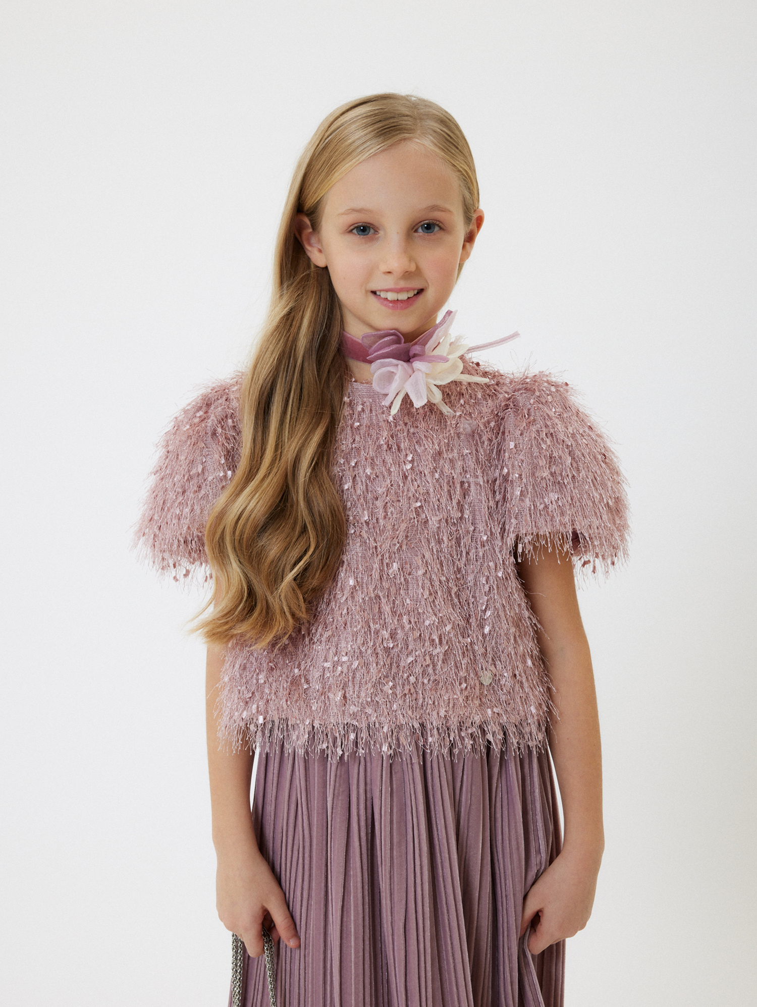 Monnalisa Viscose Fringed Top In Blush Pink