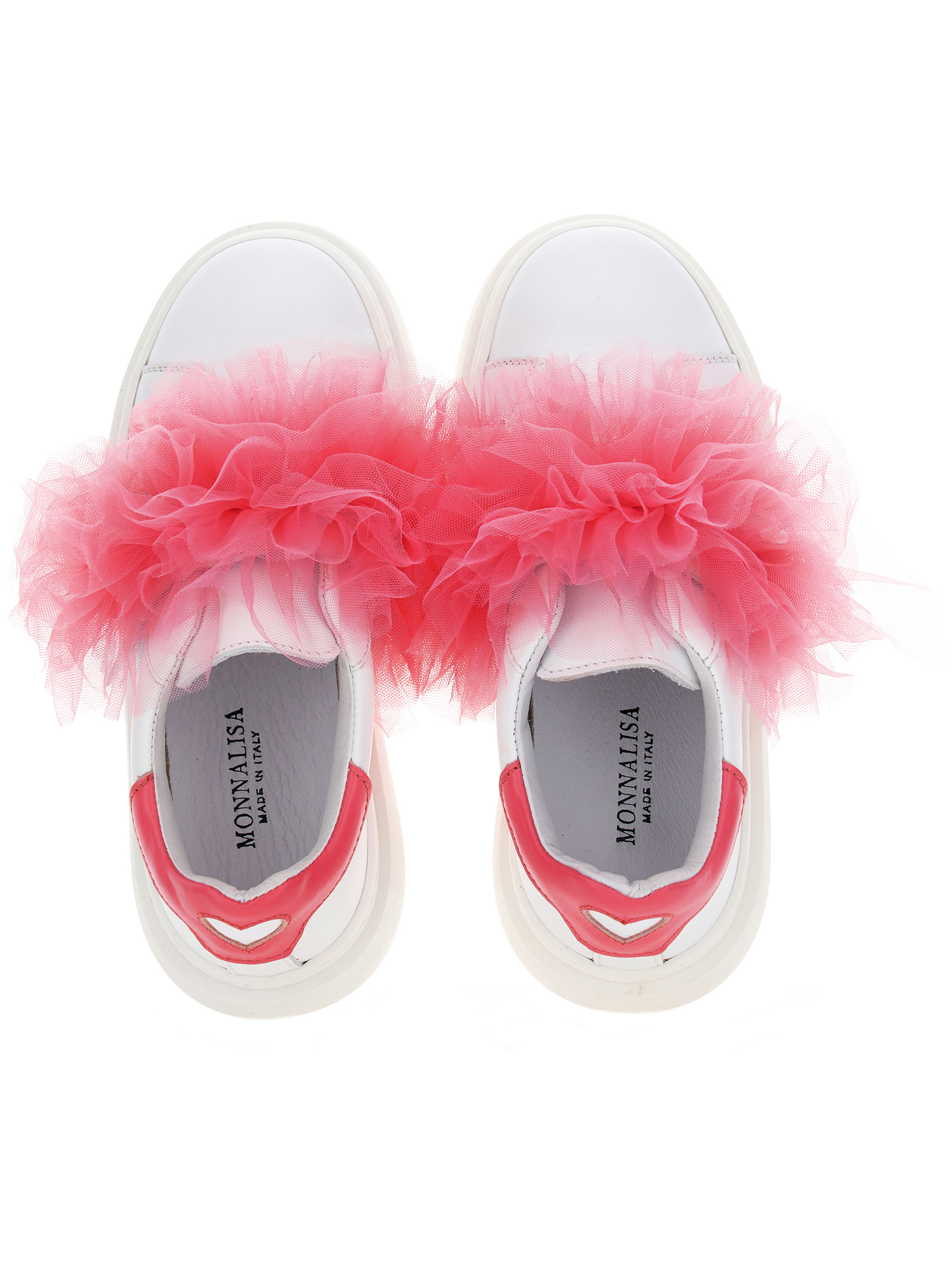 Monnalisa Nappa Leather And Tulle Sneakers In White + Cherry Red