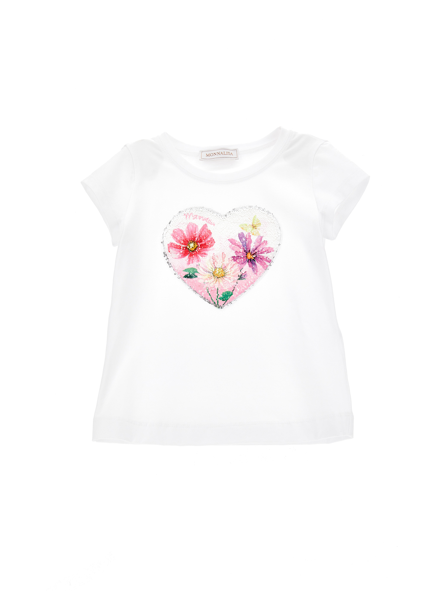 Monnalisa Sequinned Heart Jersey T-shirt In White