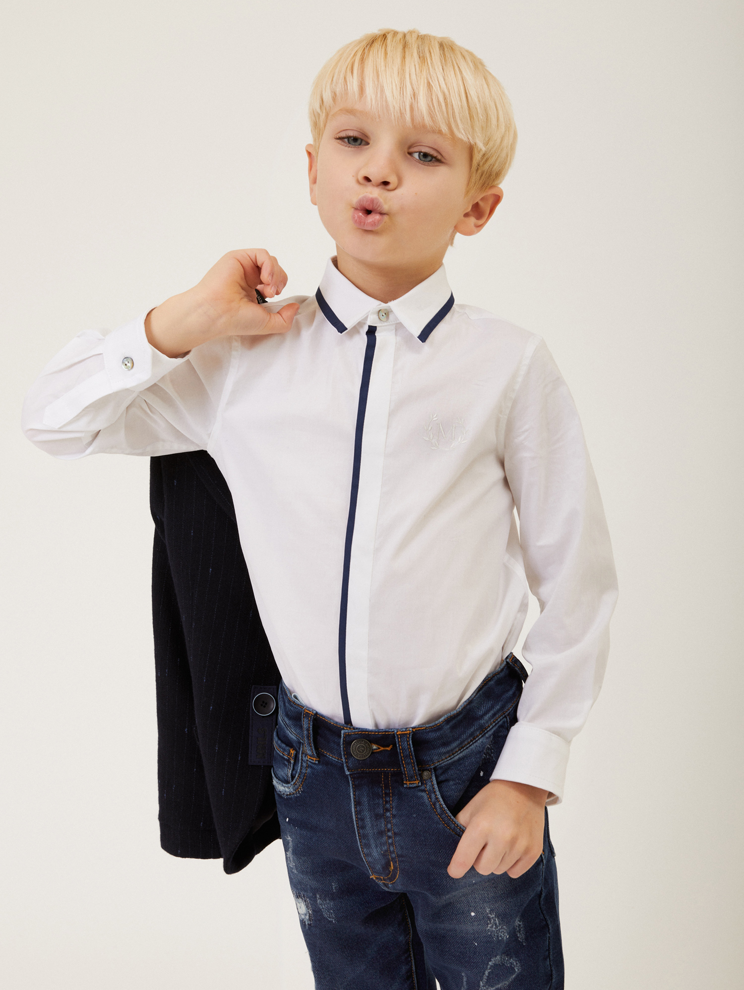 Monnalisa Two-button Herringbone Blazer In Dark Blue