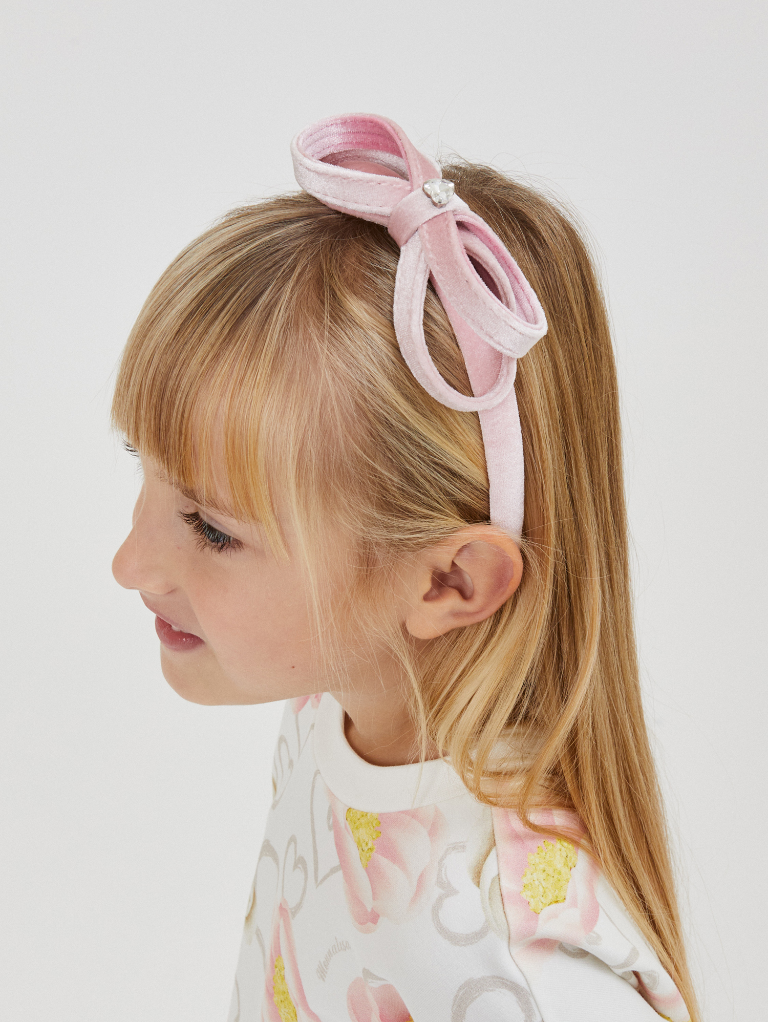 Monnalisa Velvet Headband With Bow In Rosa Fairy Tale