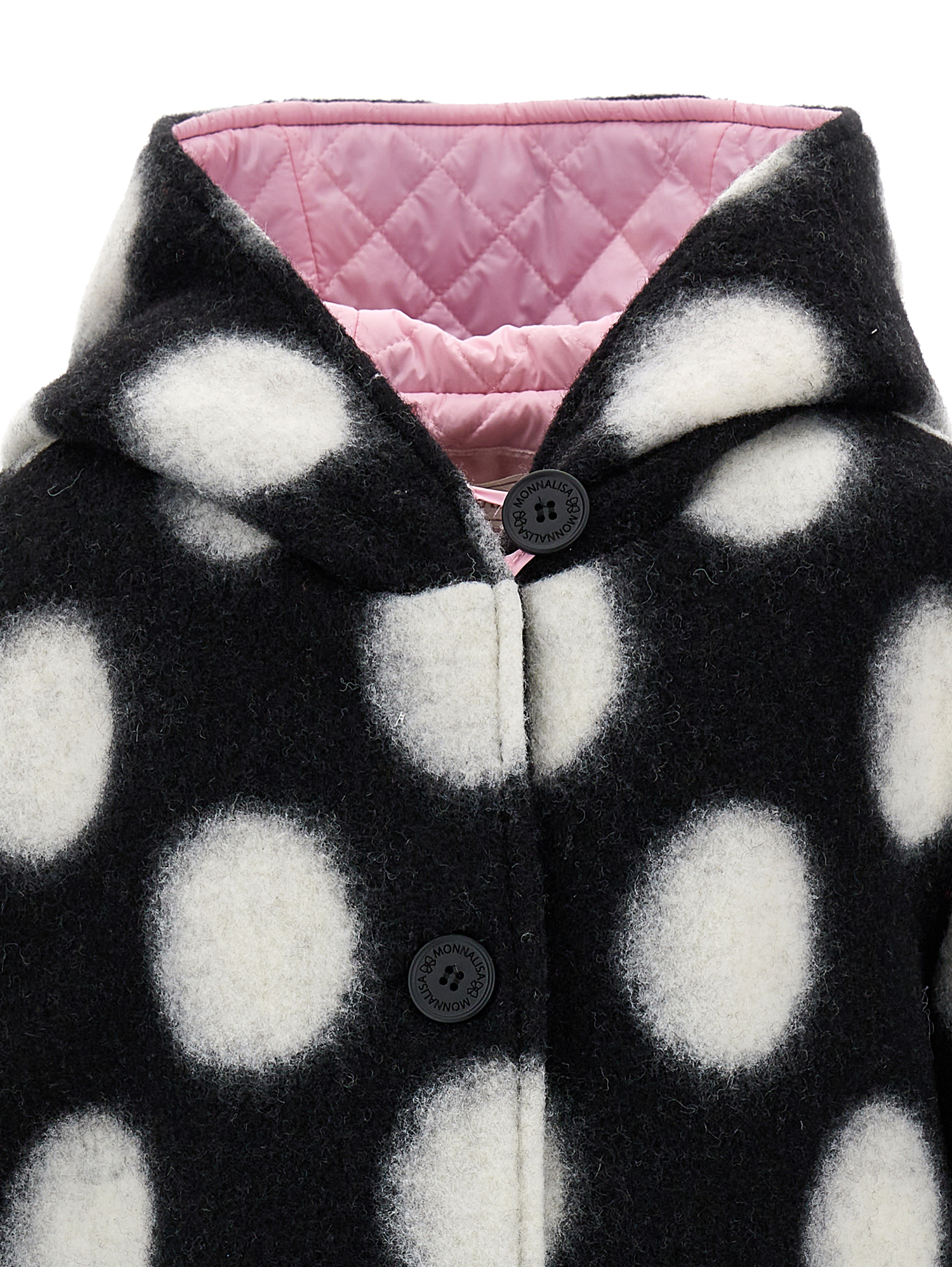 Monnalisa Polka Dot Boiled Wool Coat In Black + Cream