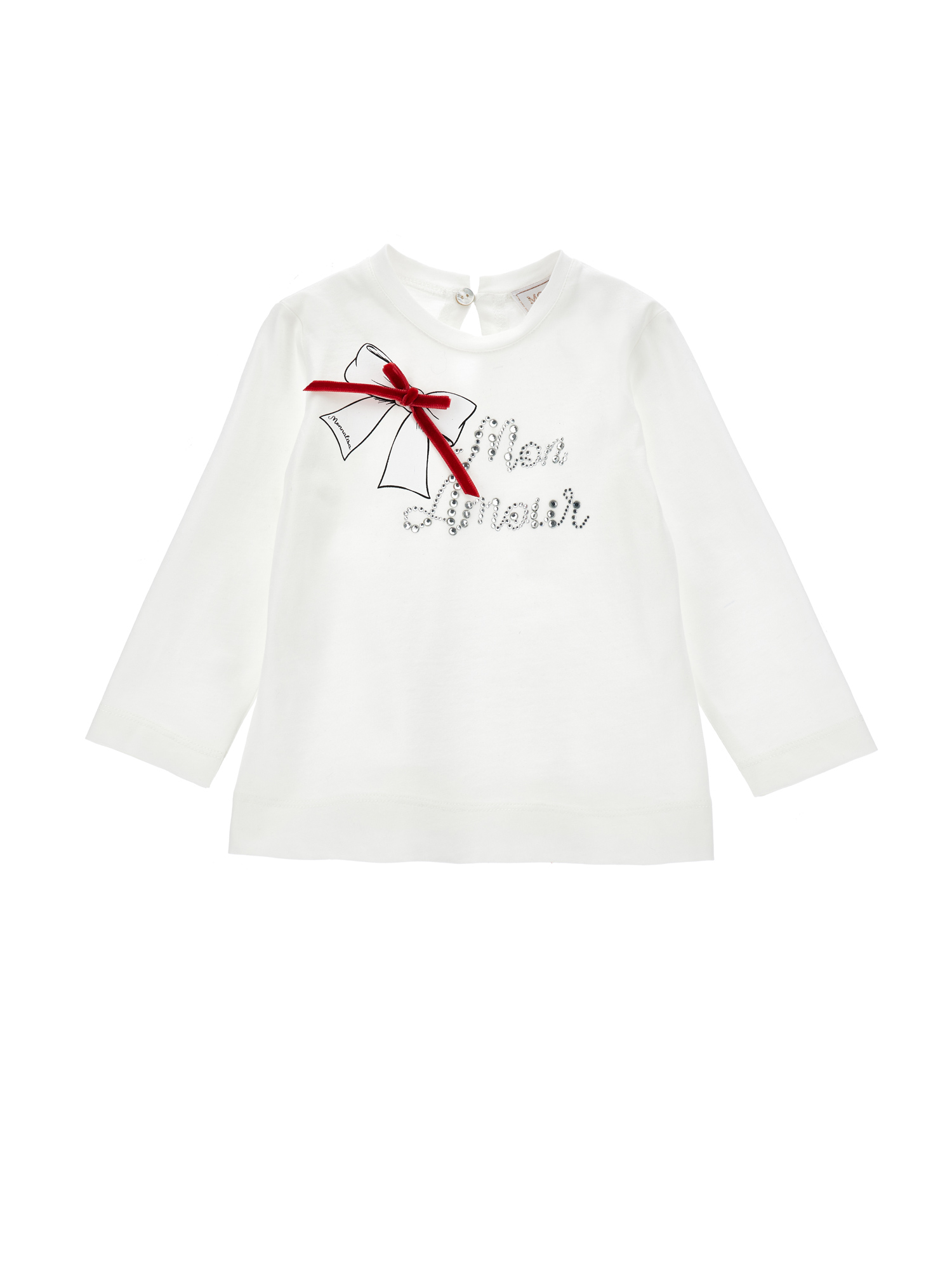 Monnalisa Rhinestone T-shirt And Velvet Bow In Cream