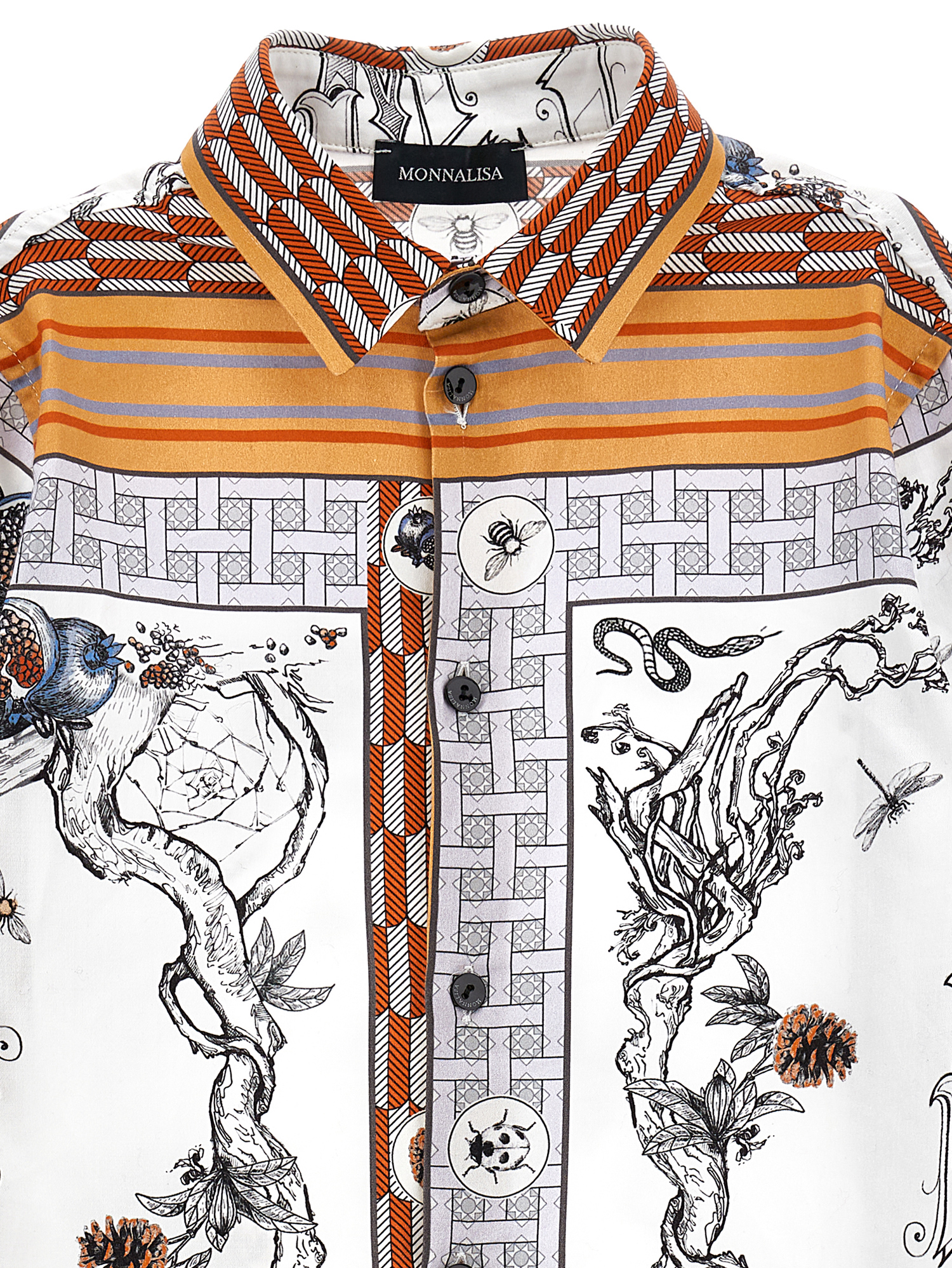 Monnalisa Printed Satin Shirt In Cream + Grey