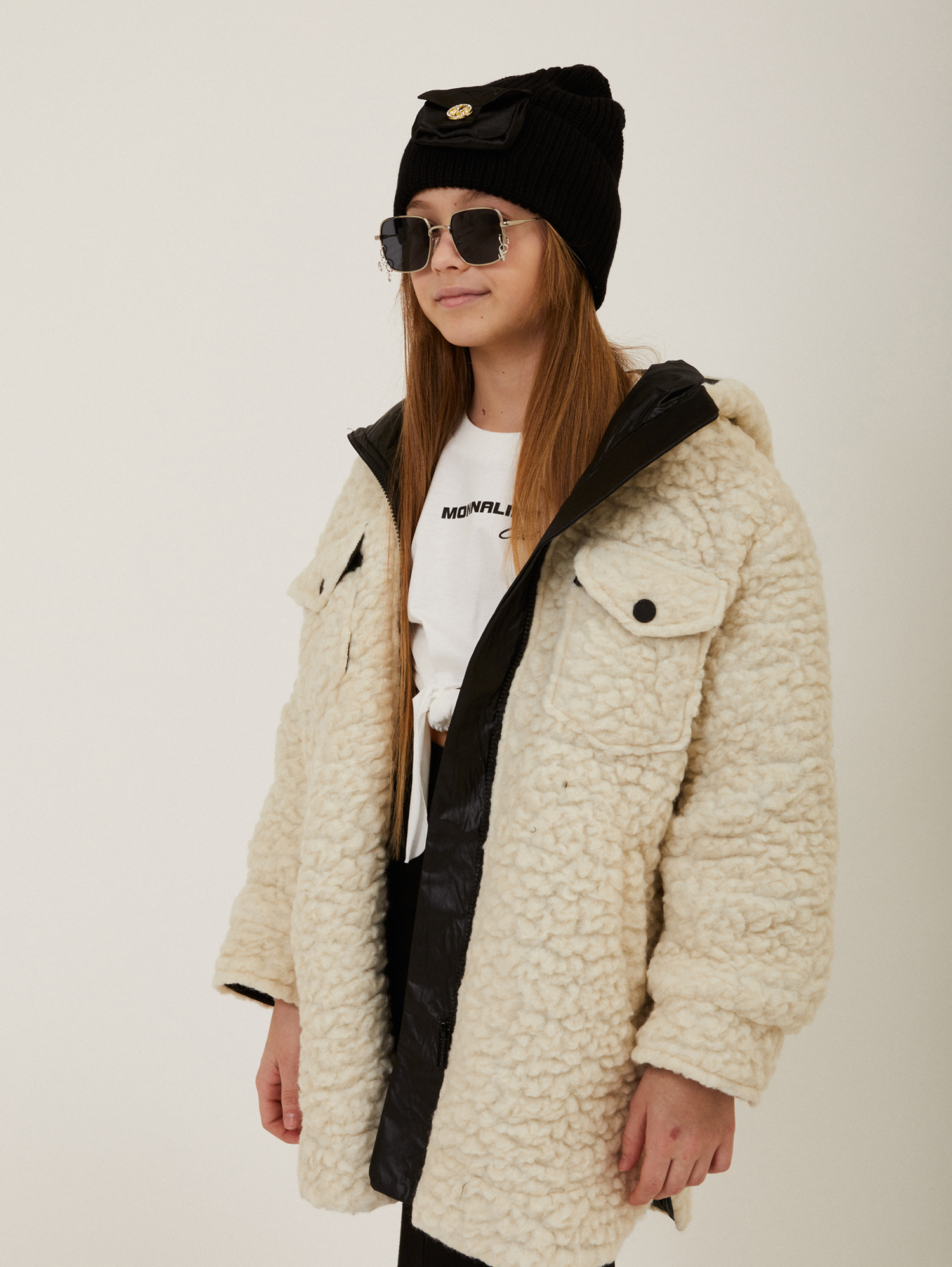 Monnalisa Plush Knitted Parka In Cream + Black