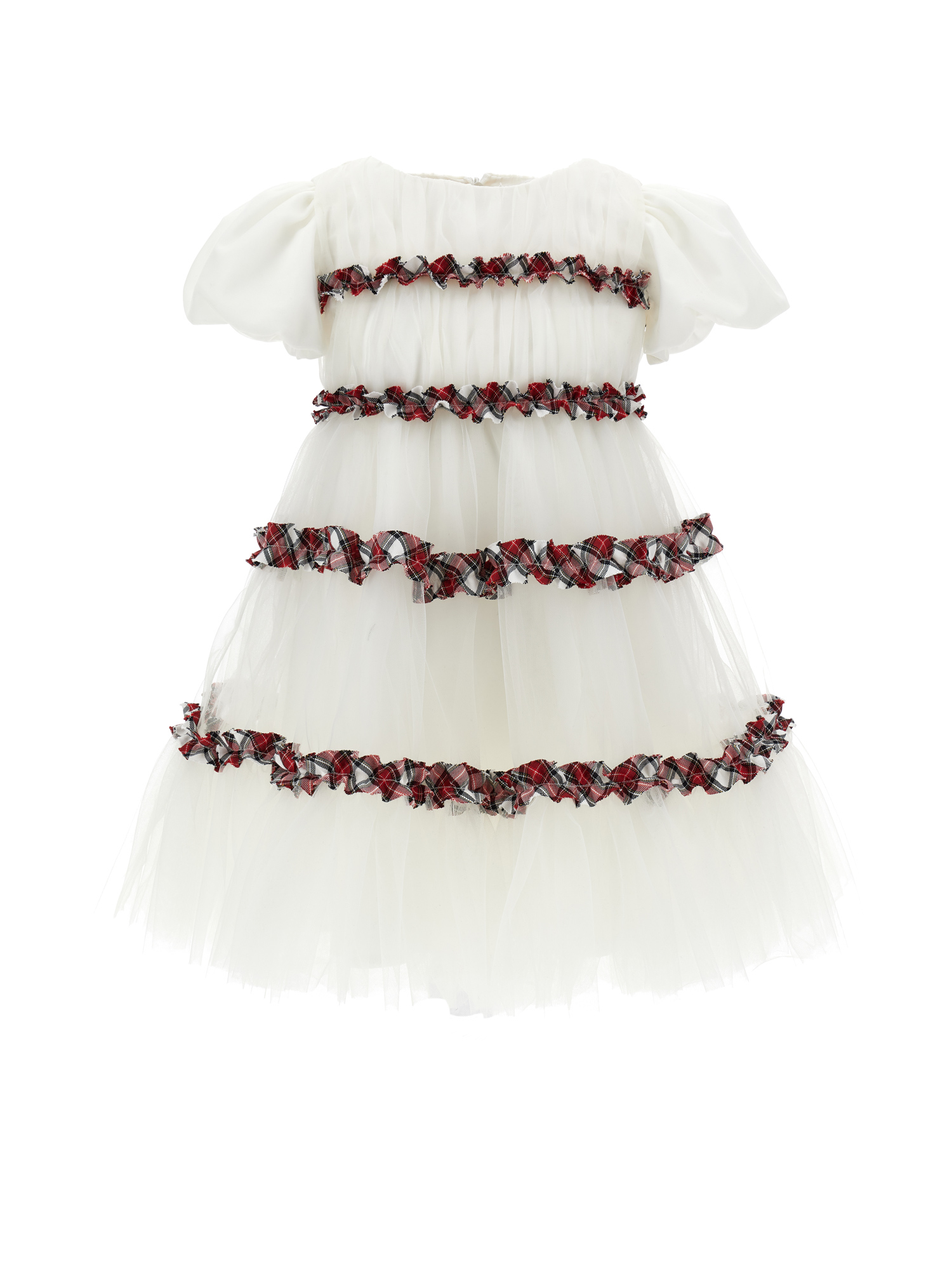 Monnalisa Tartan Pleated Tulle Dress With Ruffles In Cream + Ruby Red