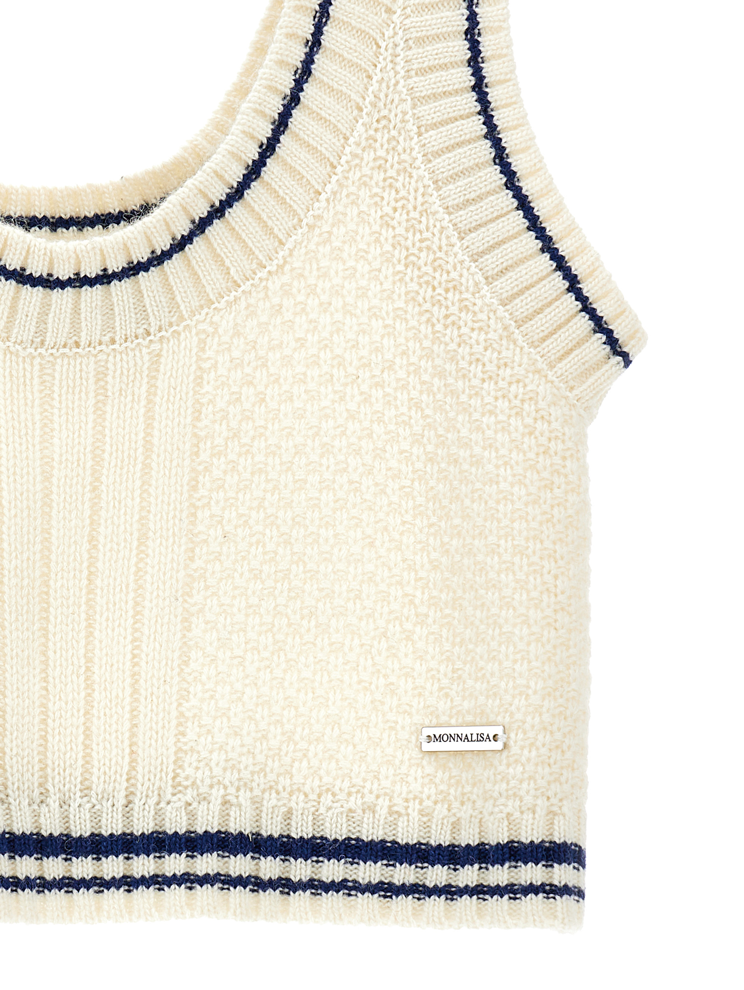 Monnalisa Fine-knit Vest In Cream + Navy Blue