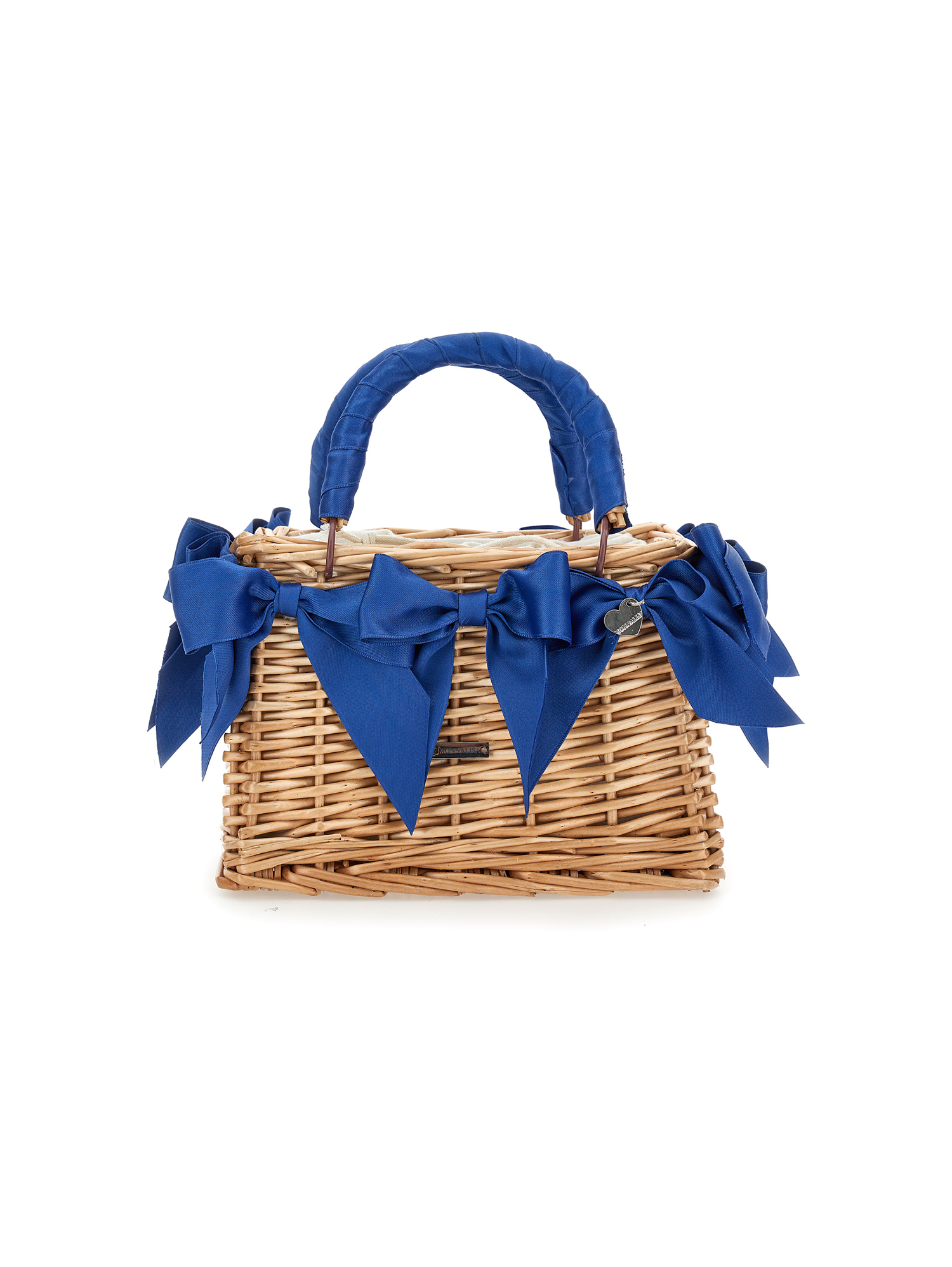 Monnalisa Wicker Bag With Satin Bows In Navy Blue
