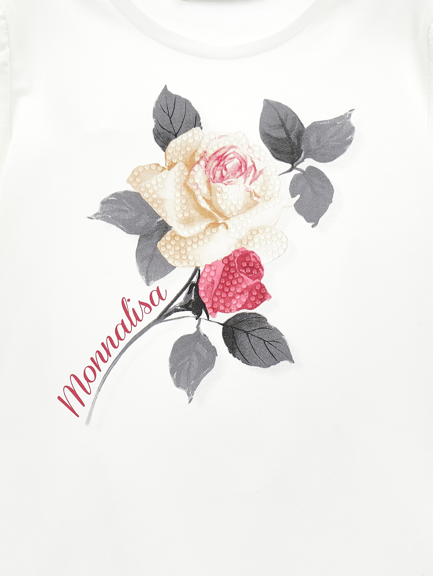 Monnalisa Organic Cotton T-shirt With Rose In Cream