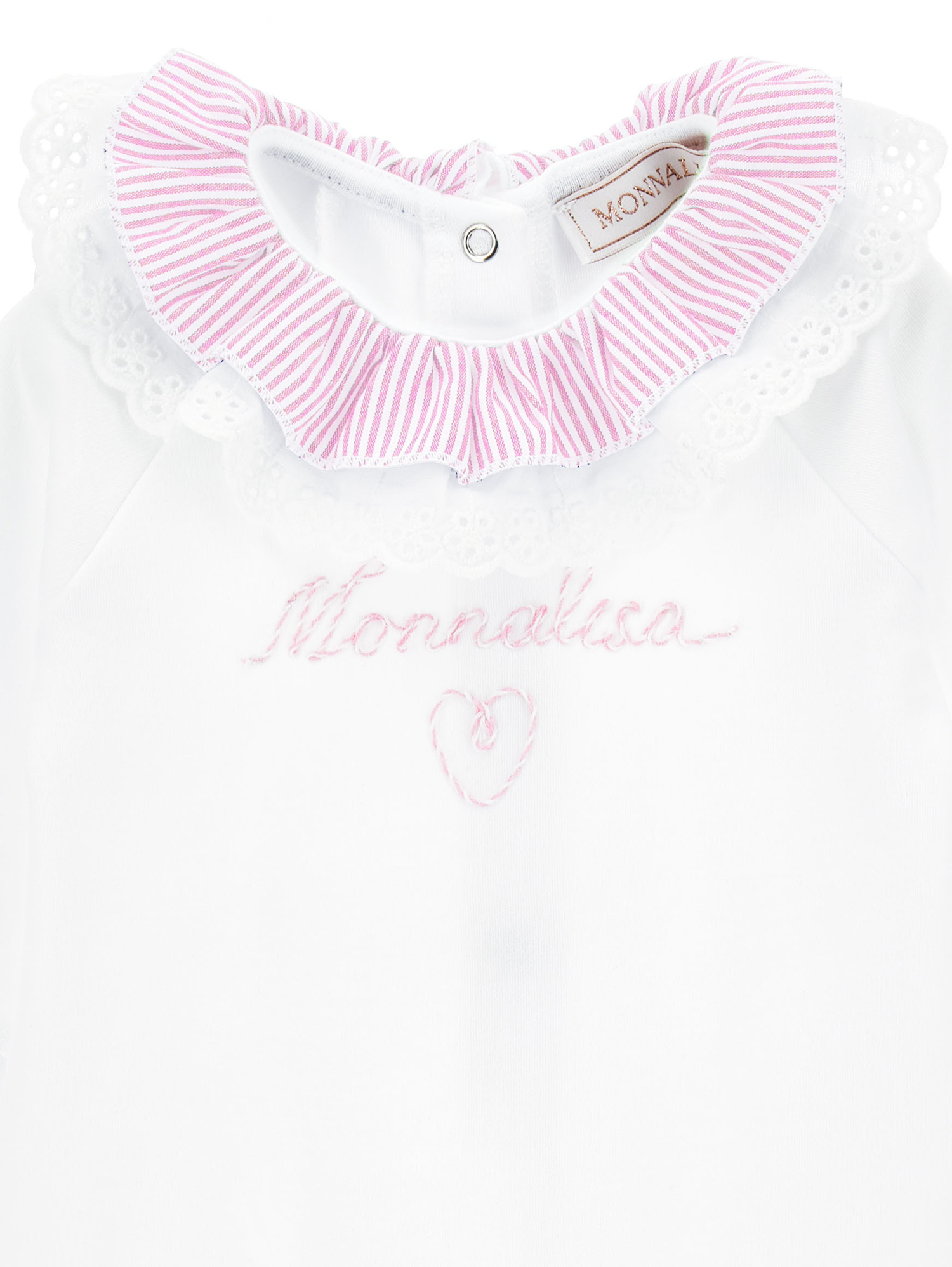 Shop Monnalisa Minnie Mouse Broderie Anglaise Cotton Playsuit In White + Rosa Fairytale