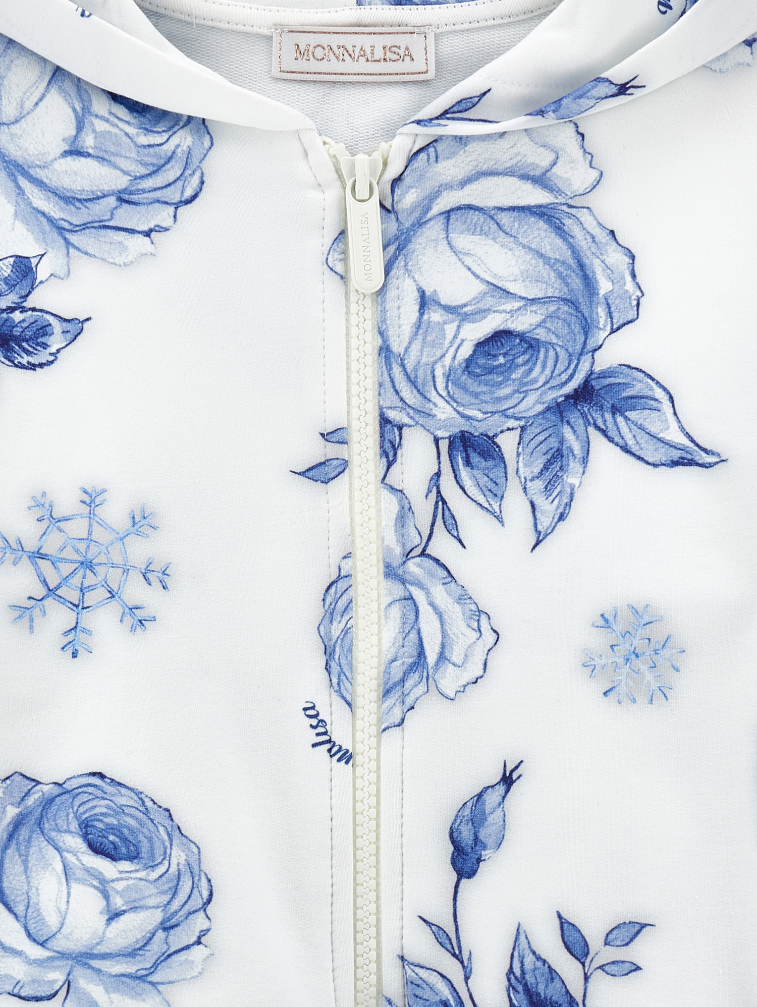 Monnalisa Ice Rose Zip-up Hoodie In Cream + Navy Blue