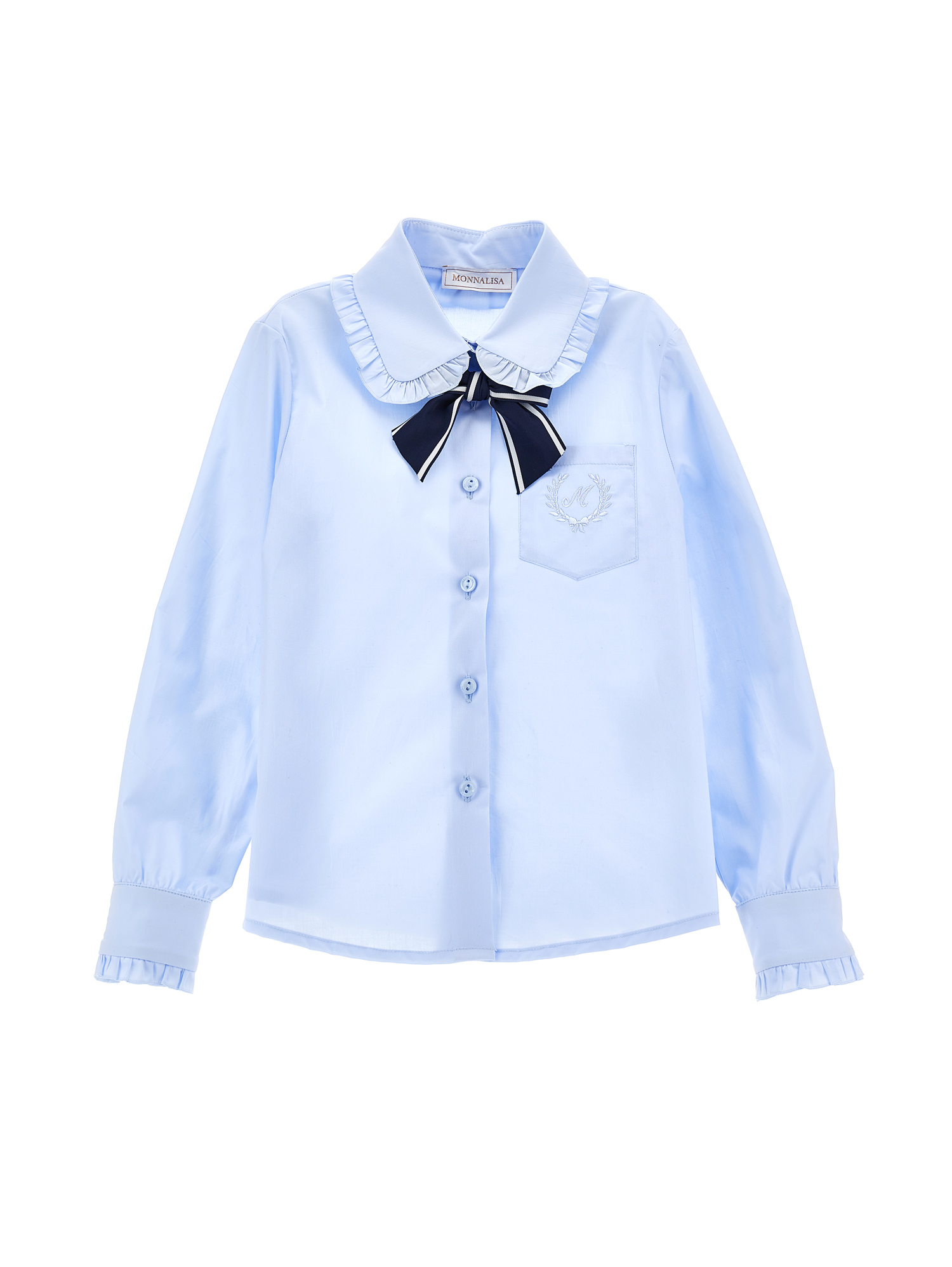 Monnalisa Stretch Shirt With Bow In Light Blue + Blue