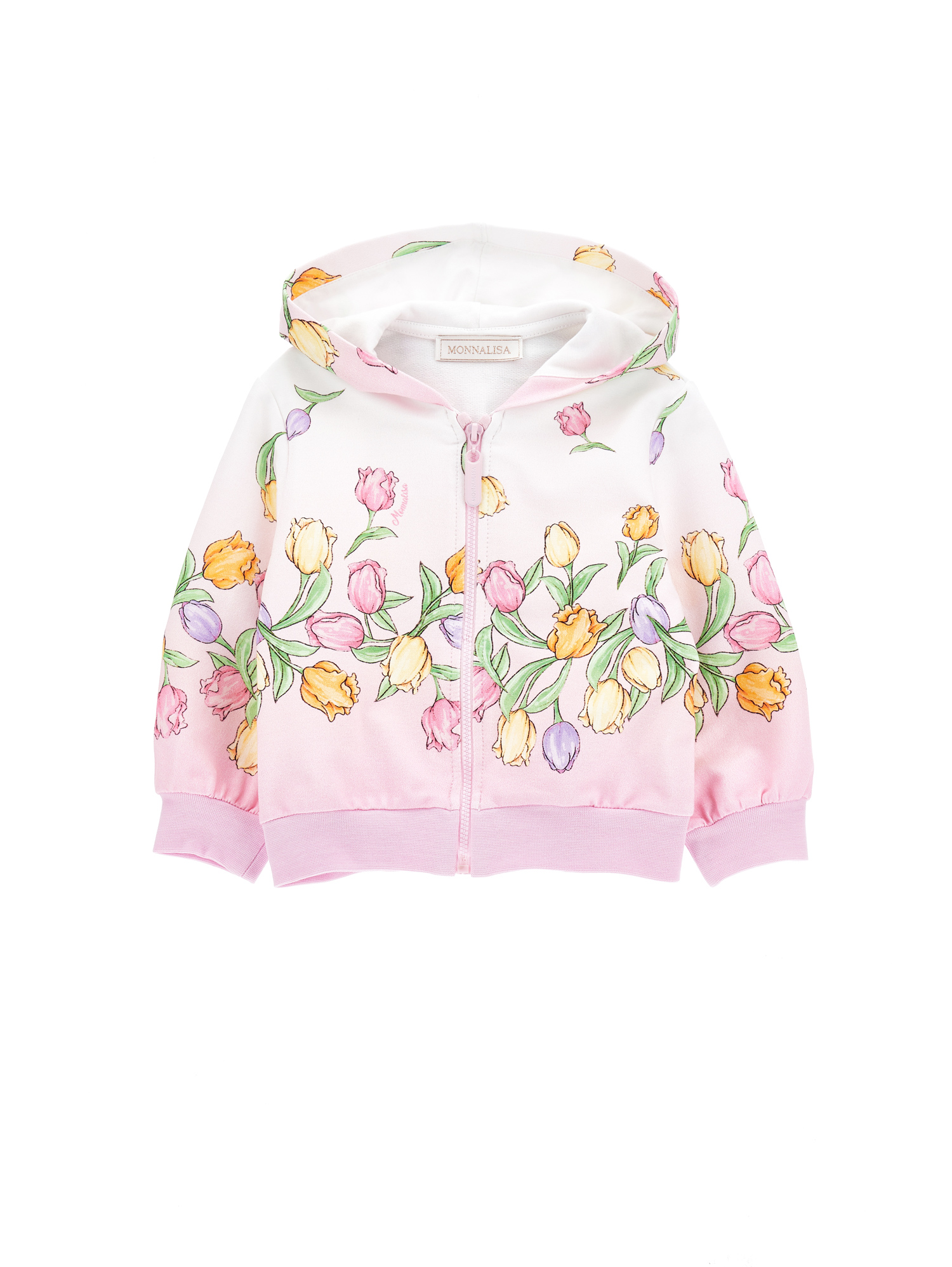 Monnalisa Cotton Sweatshirt With Hood And Tulips In Rosa Fairy Tale