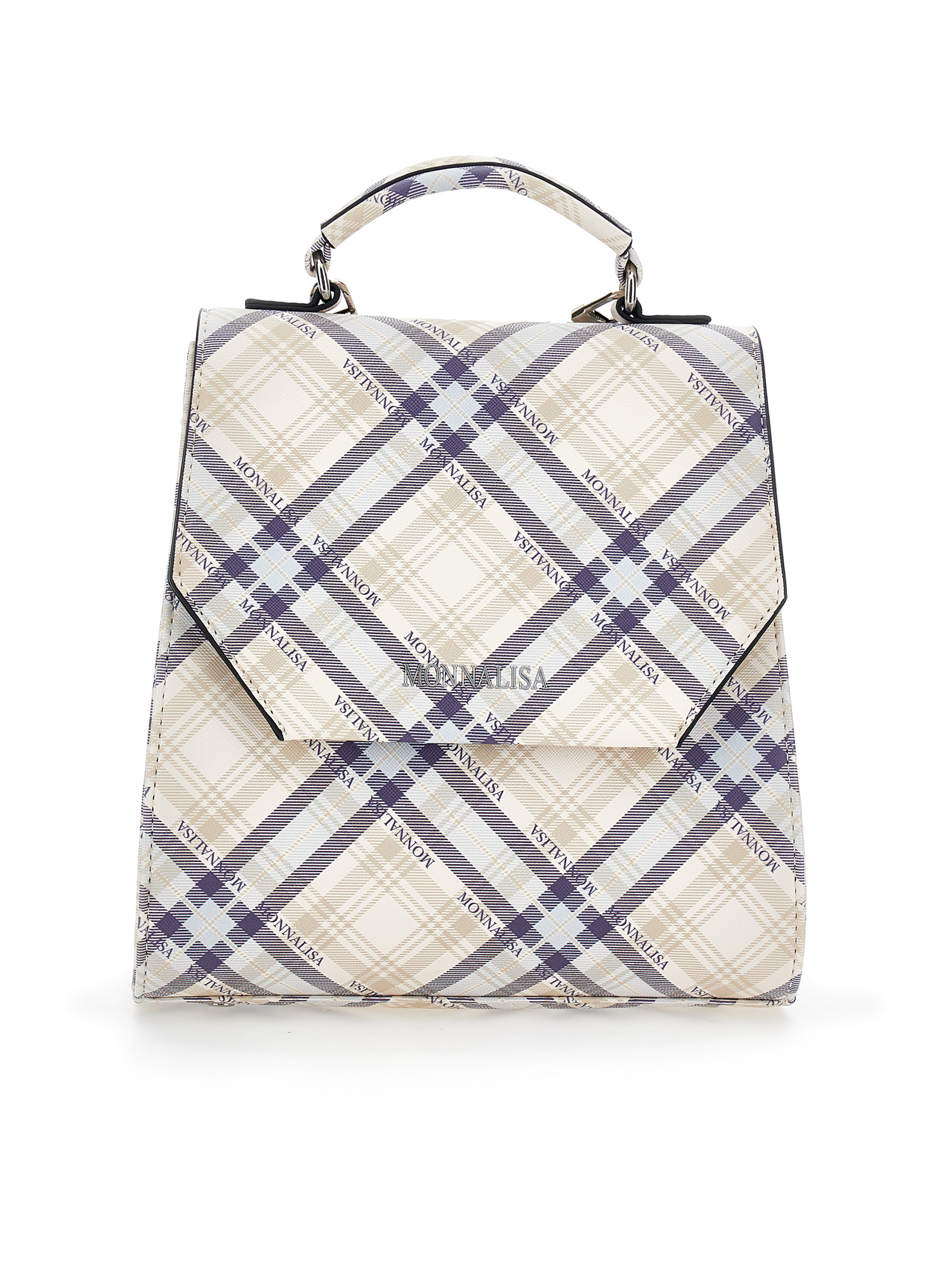 Monnalisa Tartan Fabric Backpack In Light Grey + Camel