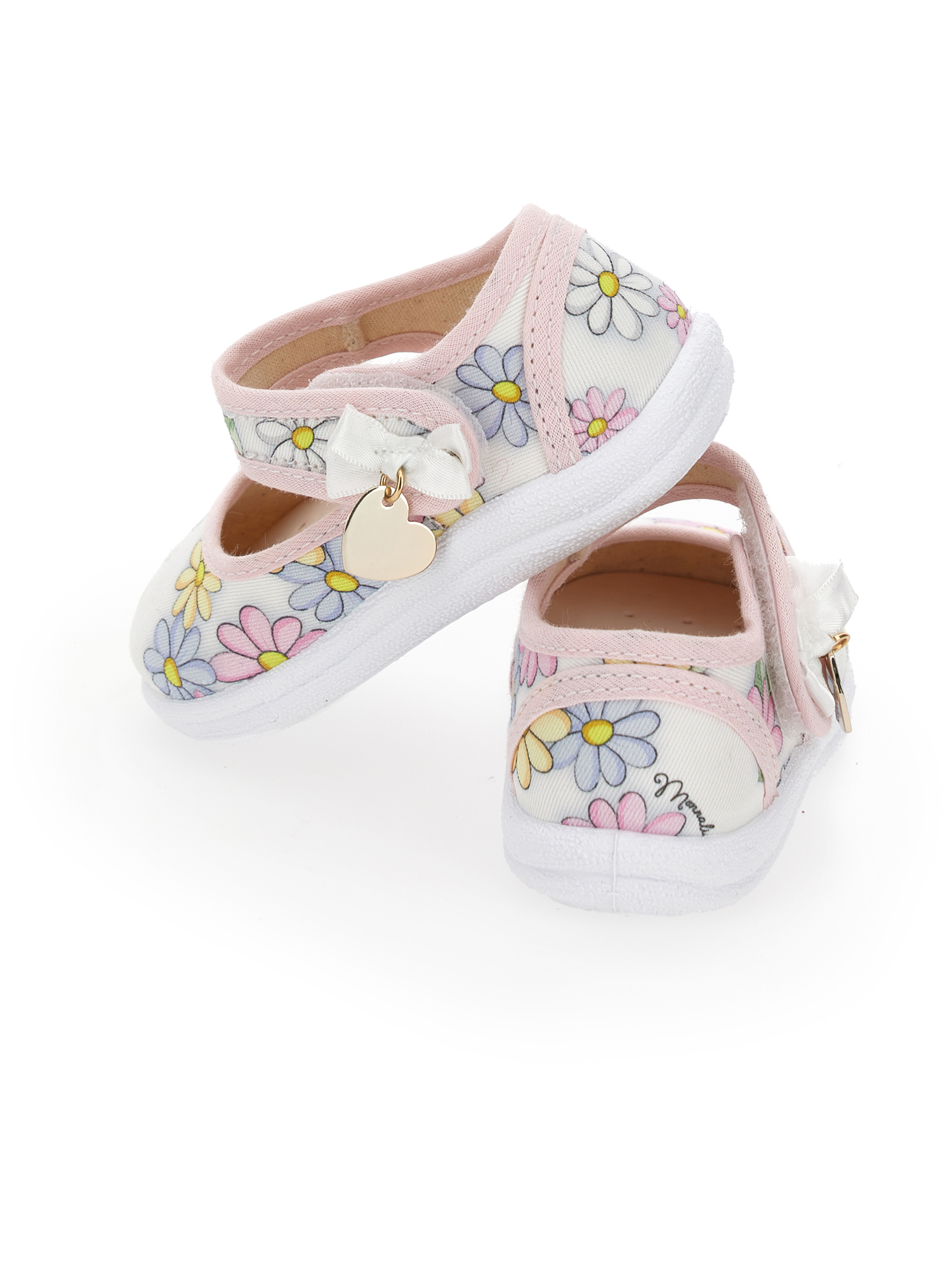 Monnalisa Daisy Print Canvas Ballerinas In White + Rosa Fairytale