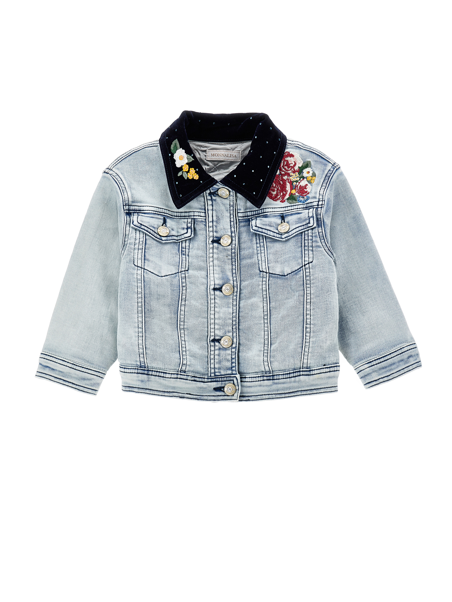 Monnalisa Embroidered Denim Jacket In Stone Bleach