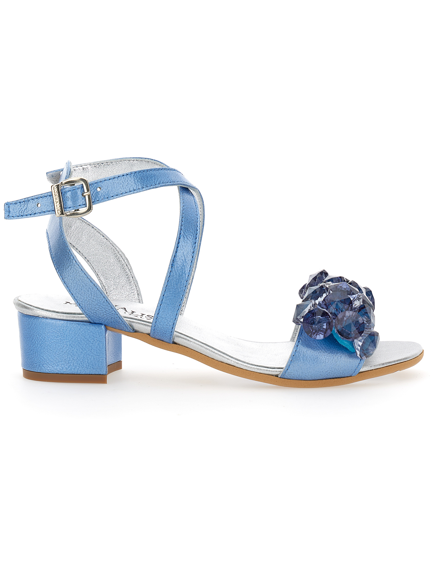 Monnalisa Leather Sandals With Bezels In Sky Blue