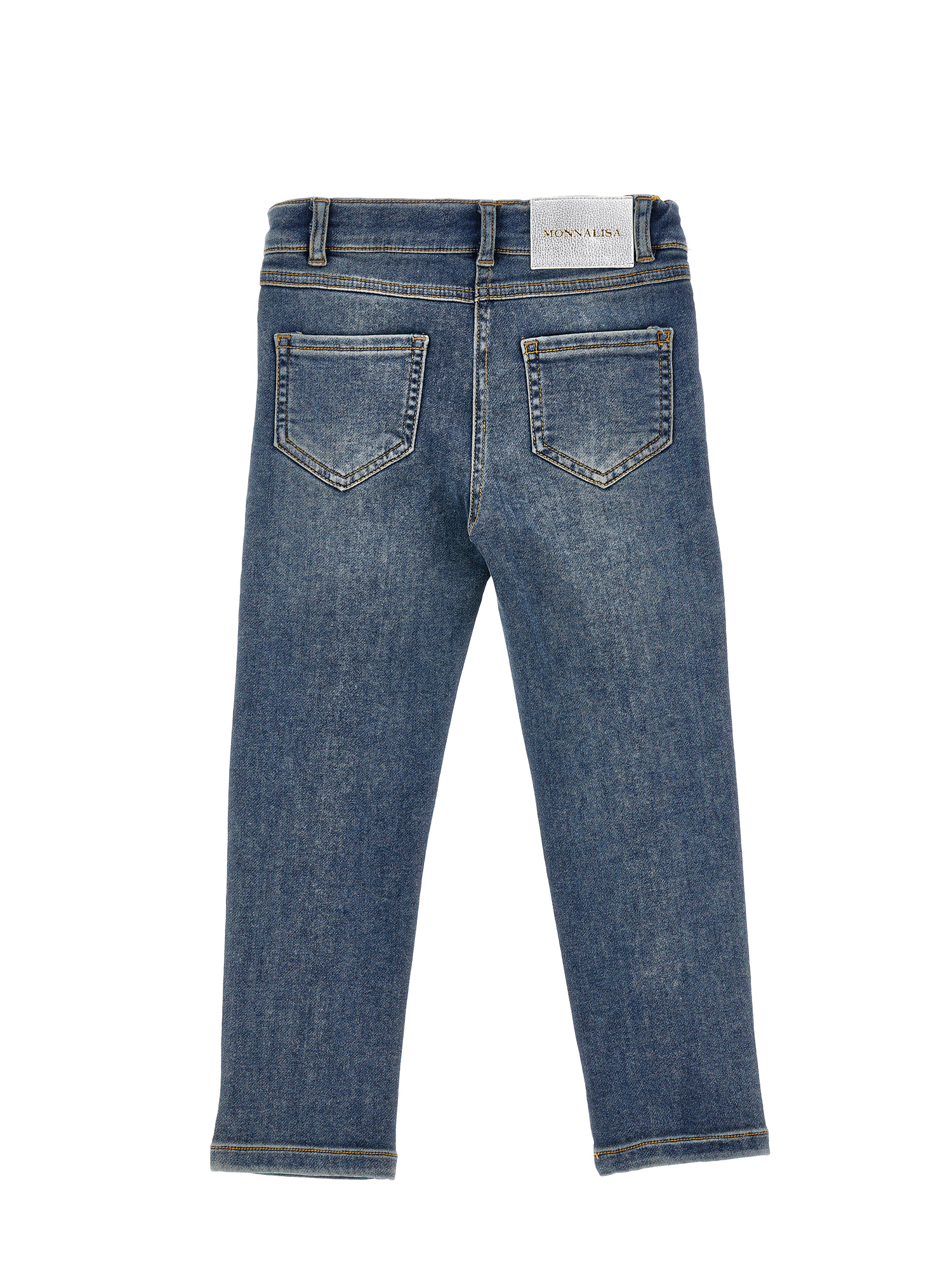 Monnalisa Embroidered Five-pocket Jeans In Denim Blue + Ecru