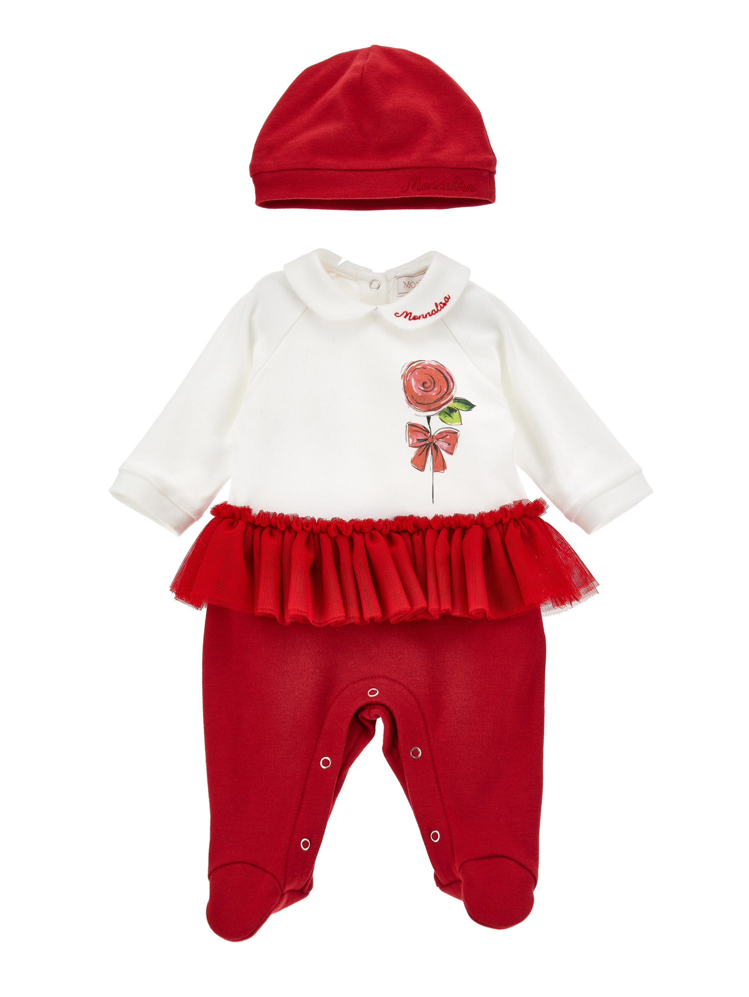 Monnalisa Babies'   Chenille Playsuit With Hat In Cream + Ruby Red