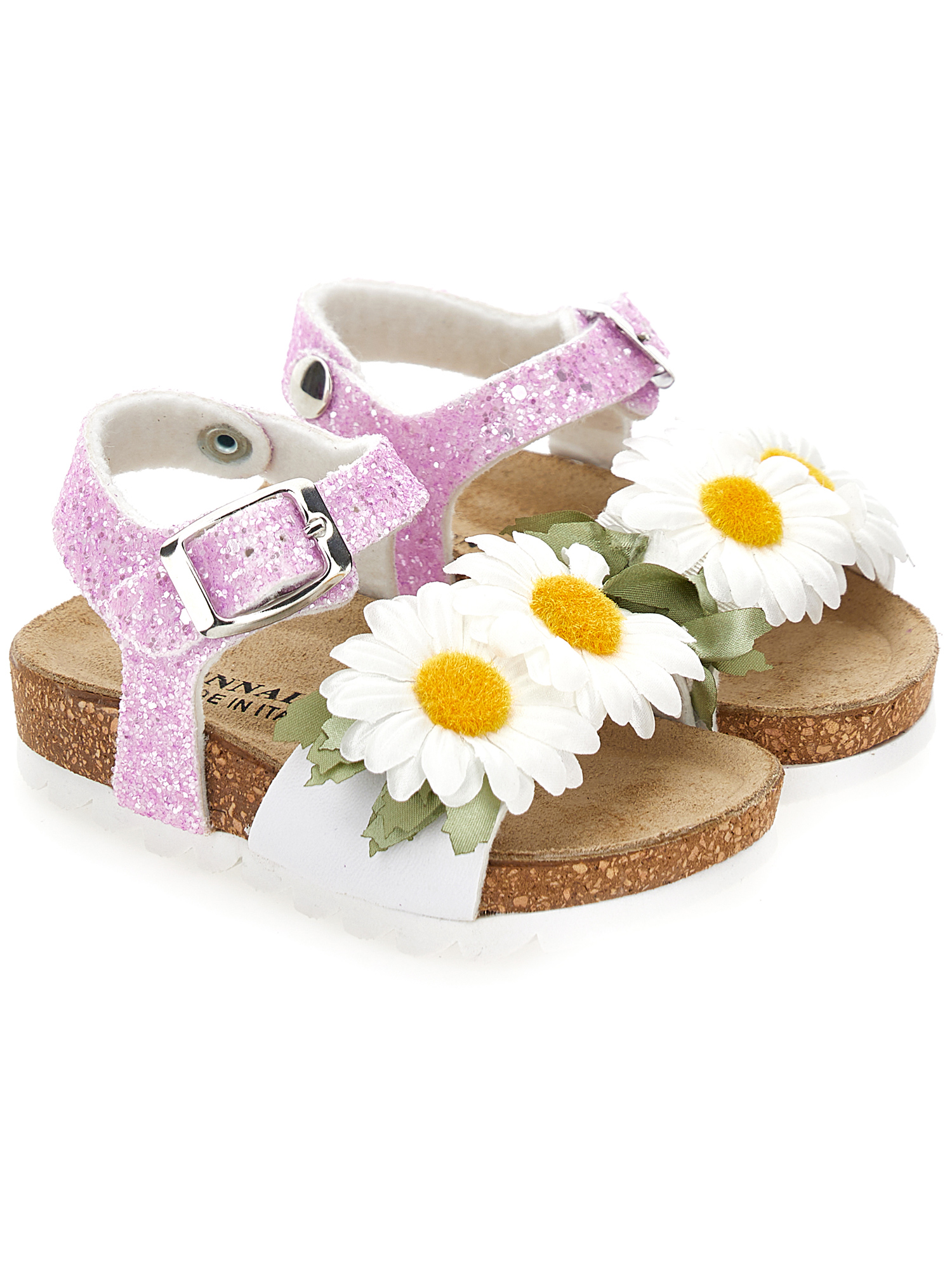 Shop Monnalisa Glitter Sandals With Daisies In Wisteria  + White