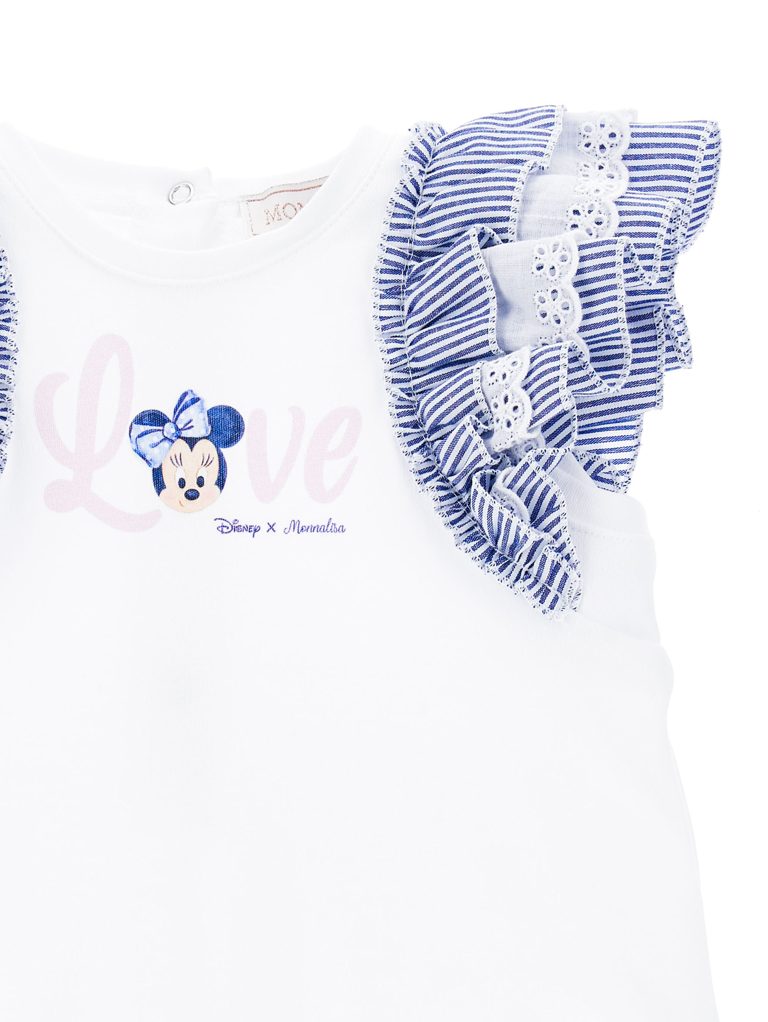 Shop Monnalisa Minnie Mouse Romper With Ruffles In White + Blue