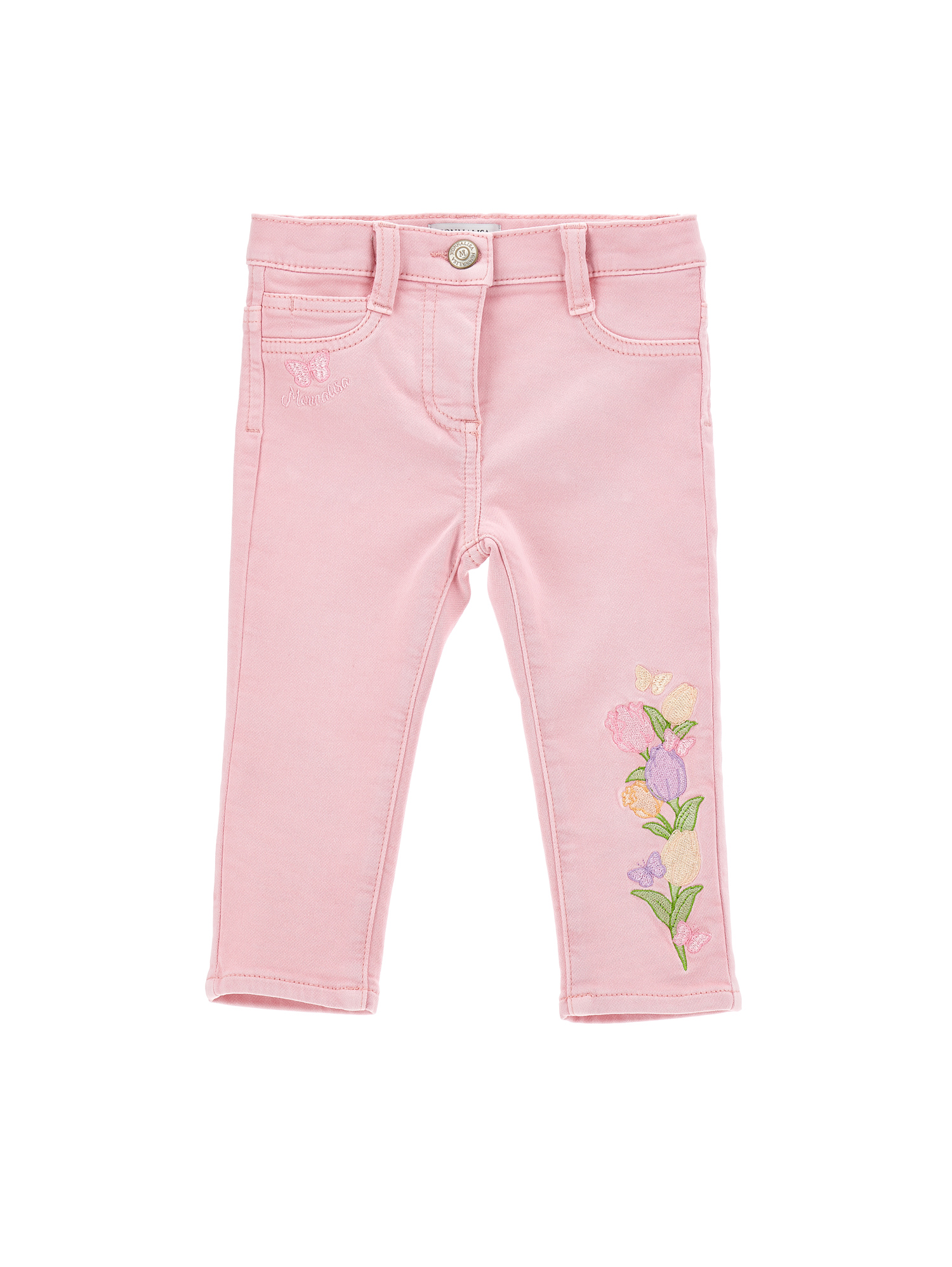 Monnalisa Five-pocket Embroidered Jeans In Rosa Fairy Tale