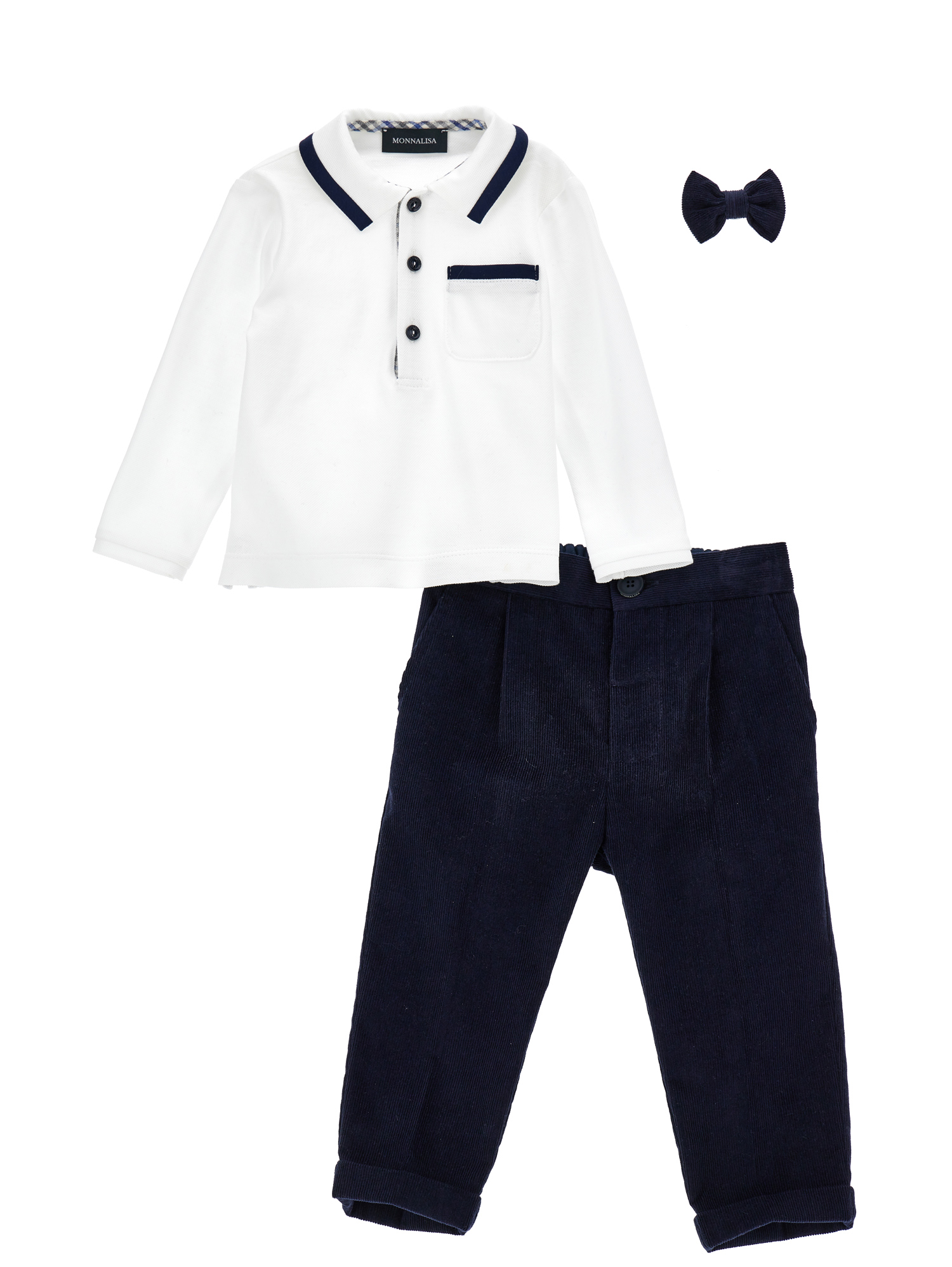 Monnalisa Elegant Suit With Pocket Square And Bow Tie In Cream + Navy Blue