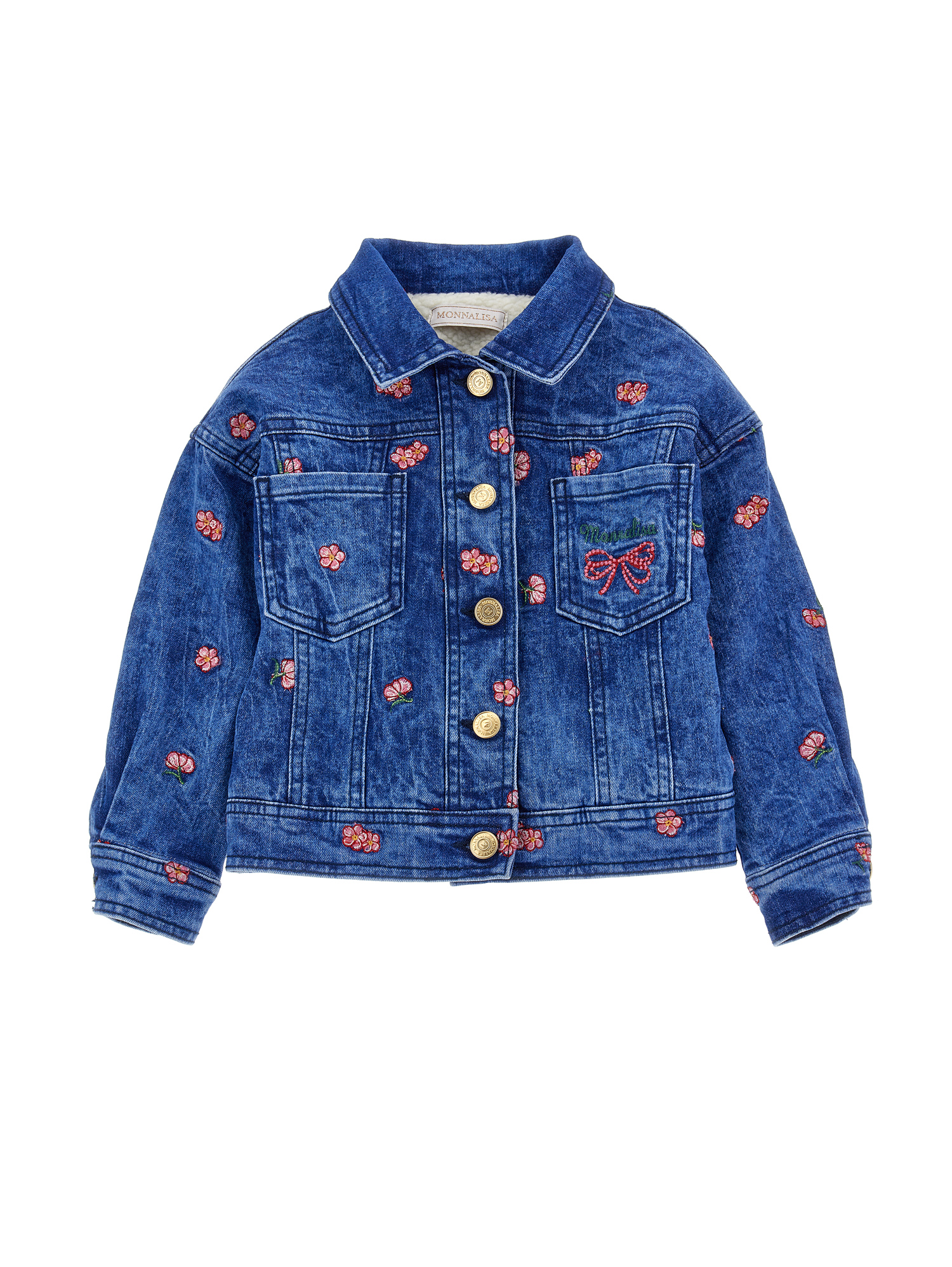 Monnalisa Kids'   Denim Jacket With Plush In Denim Blue + Pink