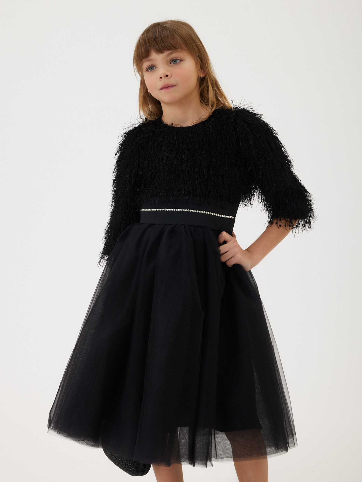 Monnalisa Silk-touch Tulle Dress With Fringing In Black