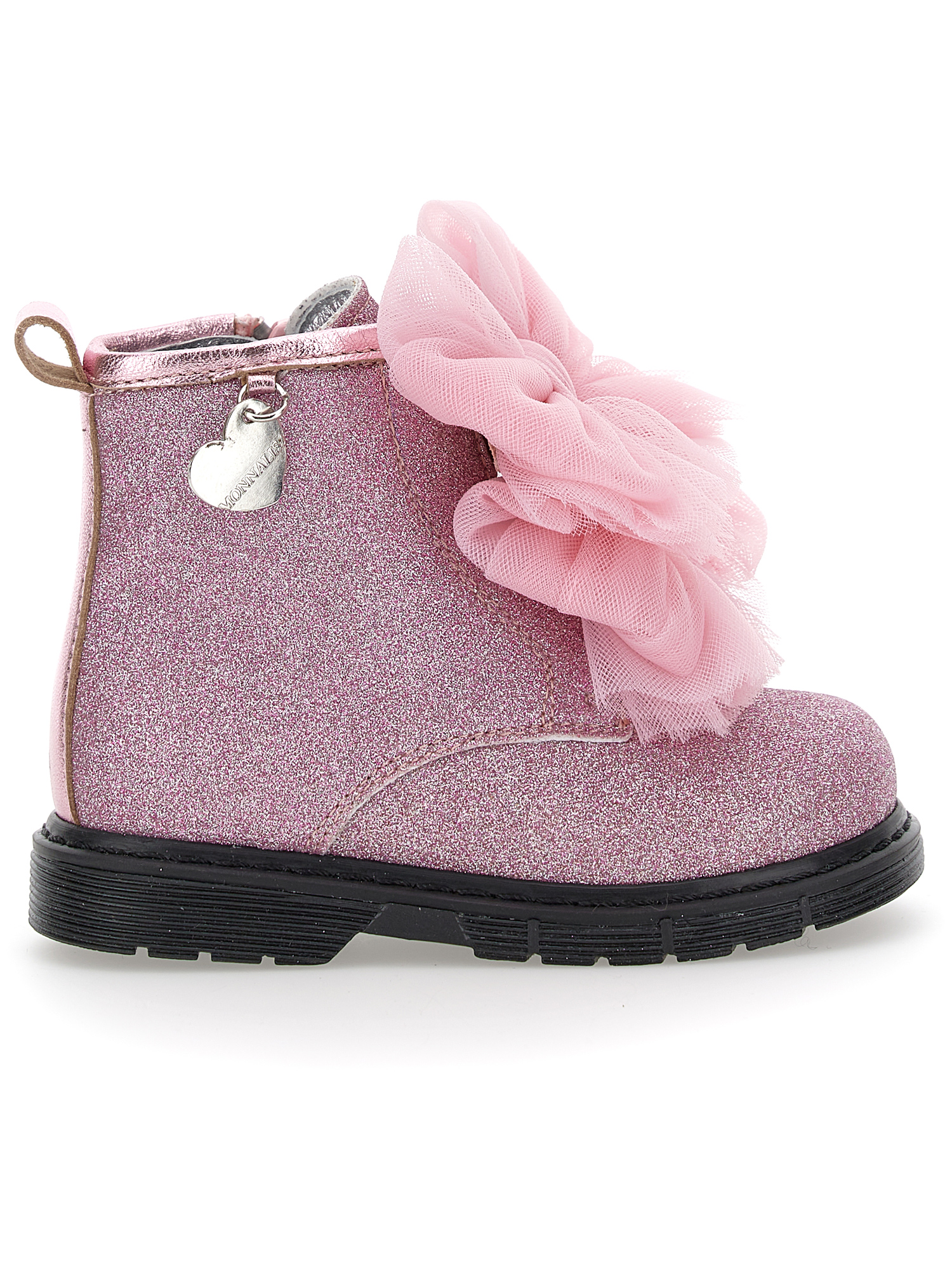 Monnalisa Sheepskin-lined Glitter Bow Combat Boots In Dusty Pink Rose