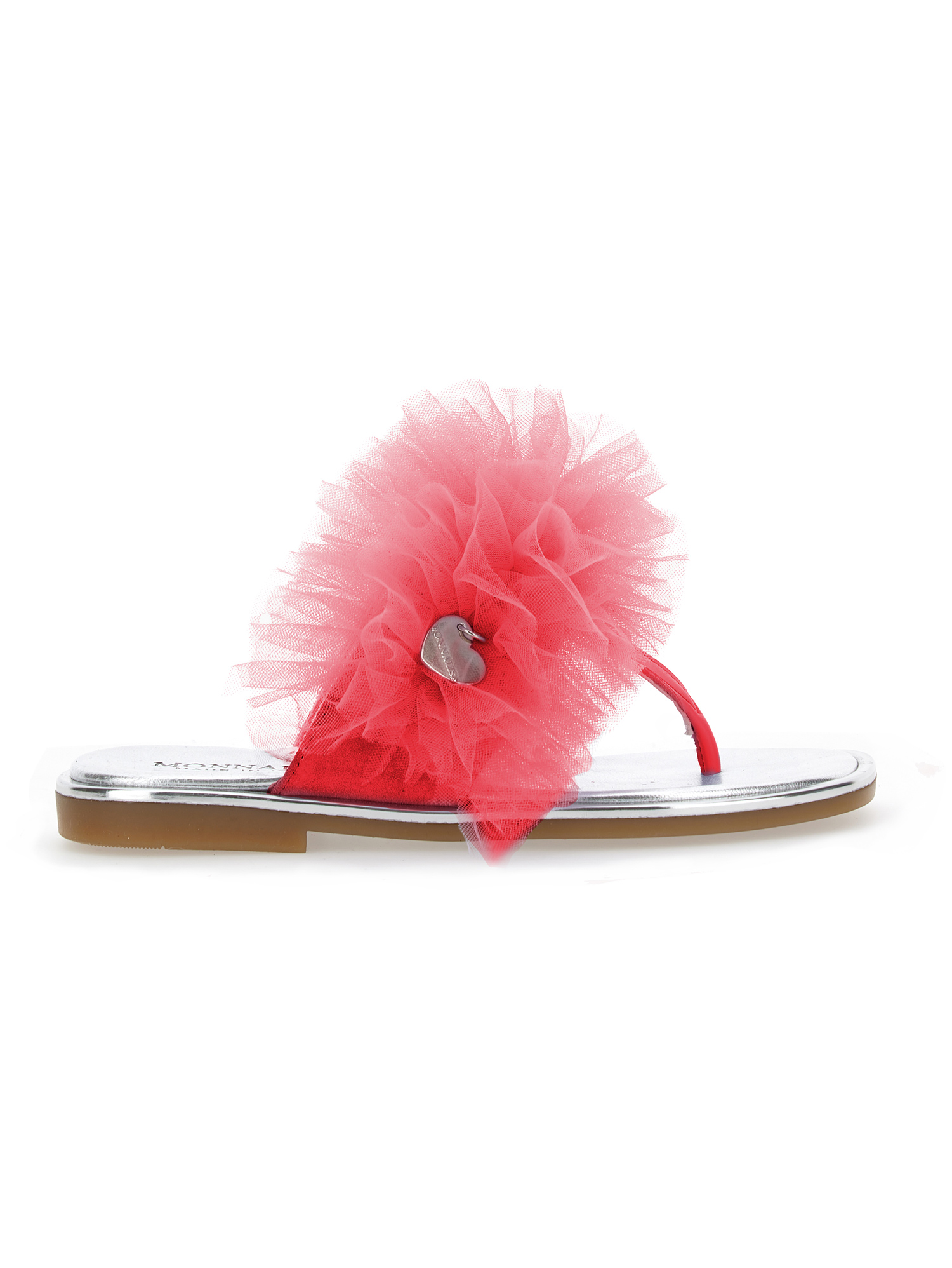 Monnalisa Nappa Leather Thong Sandals With Tulle Ruffle In Fuchsia