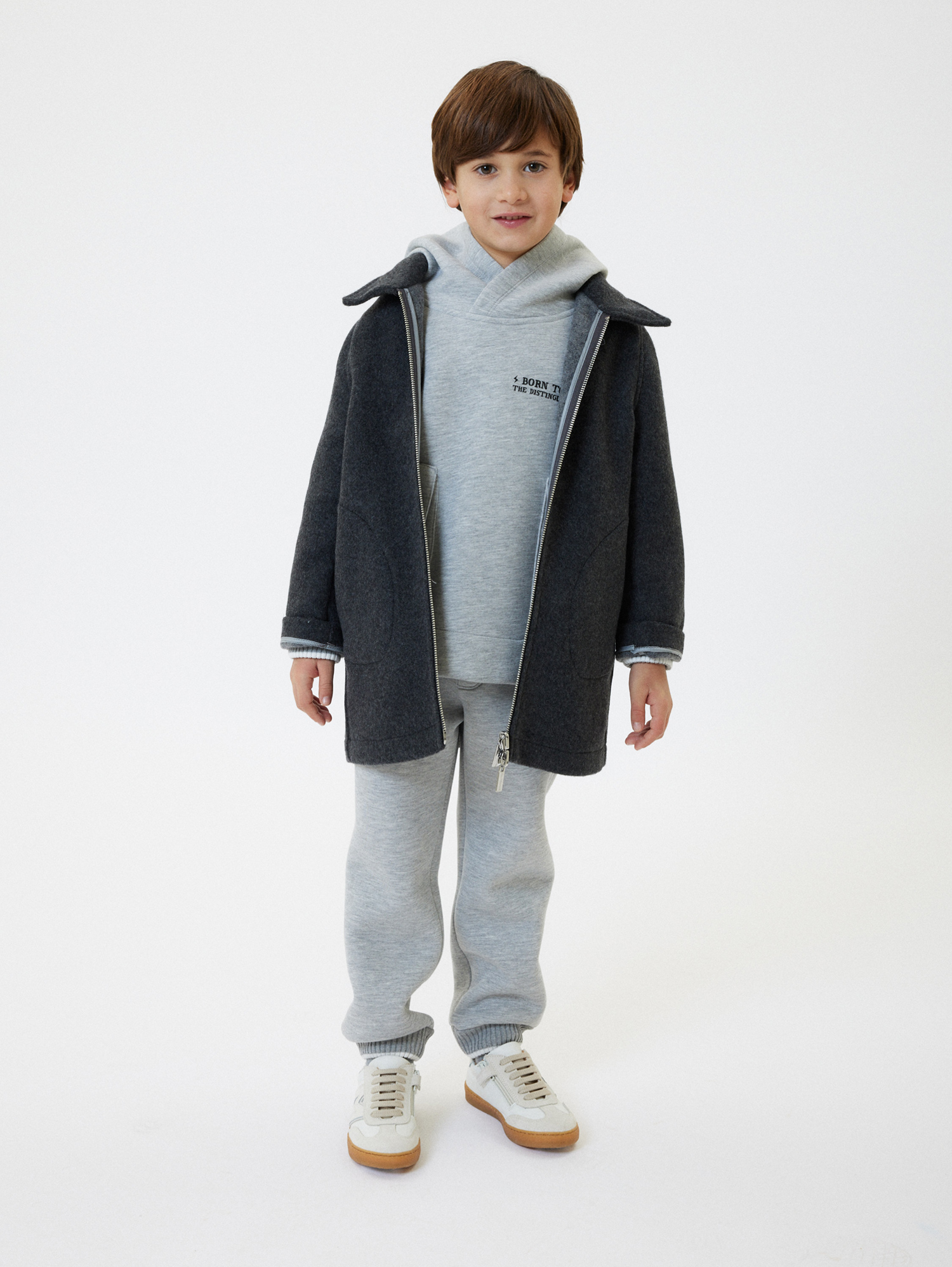 Monnalisa Cloth Coat With Hood In Medium Grey.+ Light Grey